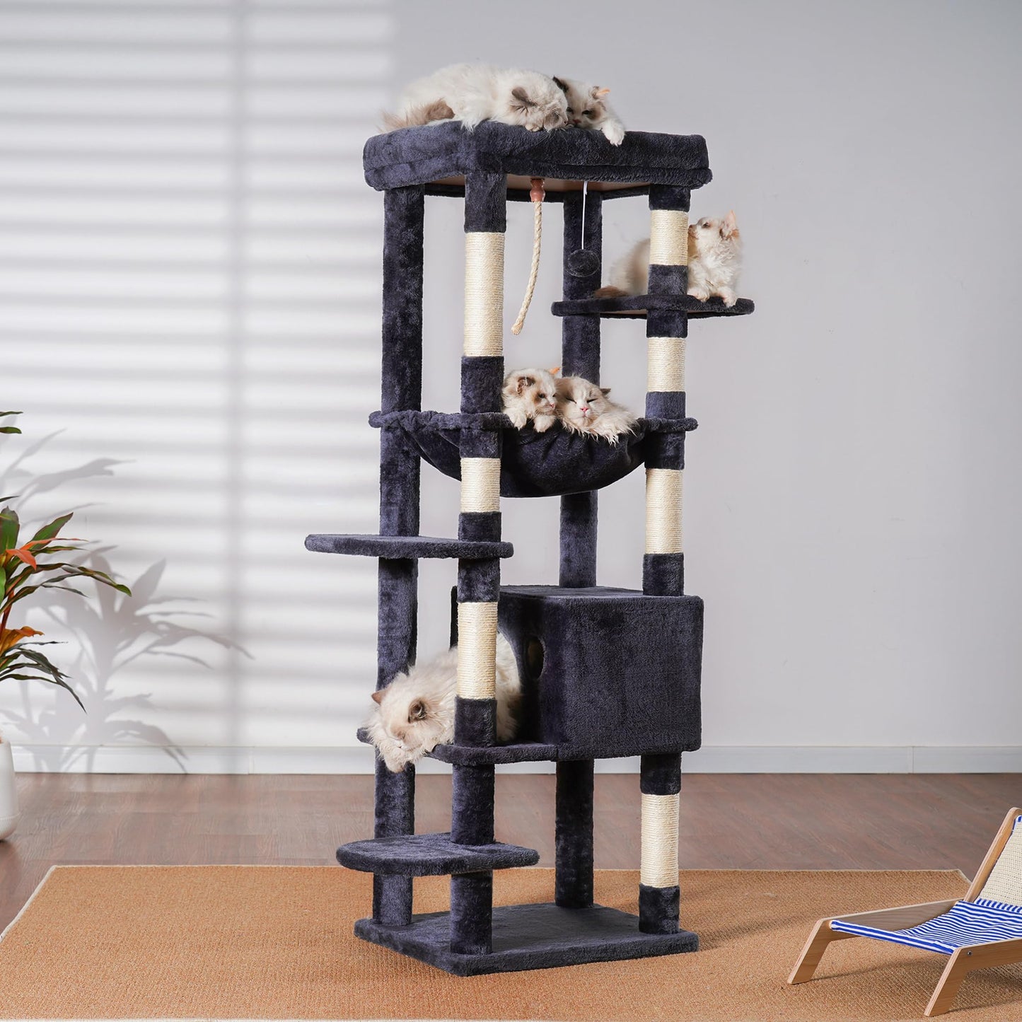 Heybly Cat Tree for Large Cats 20lbs Heavy Duty, 60 inches XXL Cat Tower for Indoor Cats, Multi-Level Furniture Condo with Big Padded Plush Perch, Cozy Basket, Smoky Gray HCT050G