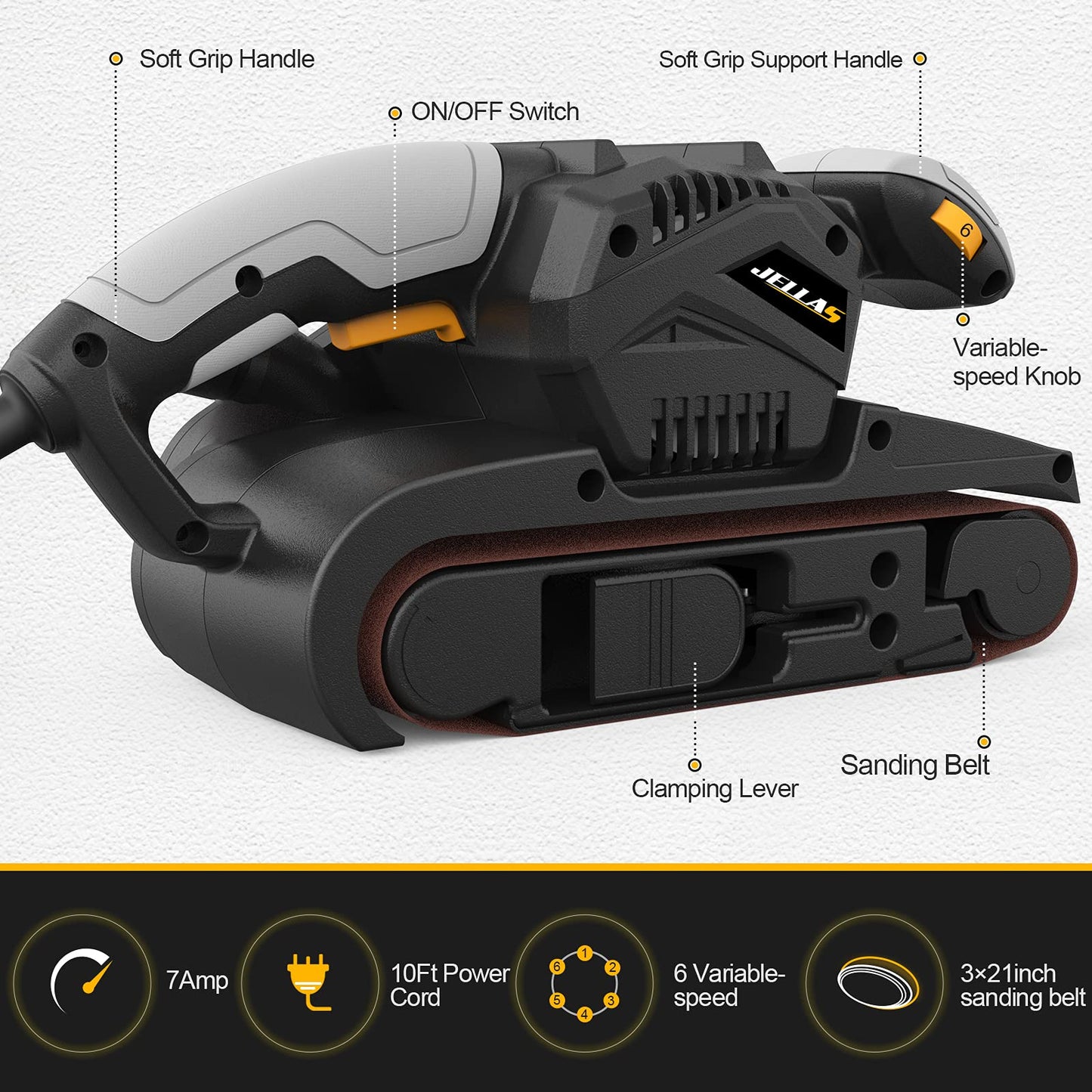 Jellas 7Amp Belt Sander 3 ร 21-Inch with Dust Bag, Bench Sander with Variable-speed Control, 2 in 1 Vacuum Adapter, 10 Feet (3 Meters) Length Power Cord - BS750