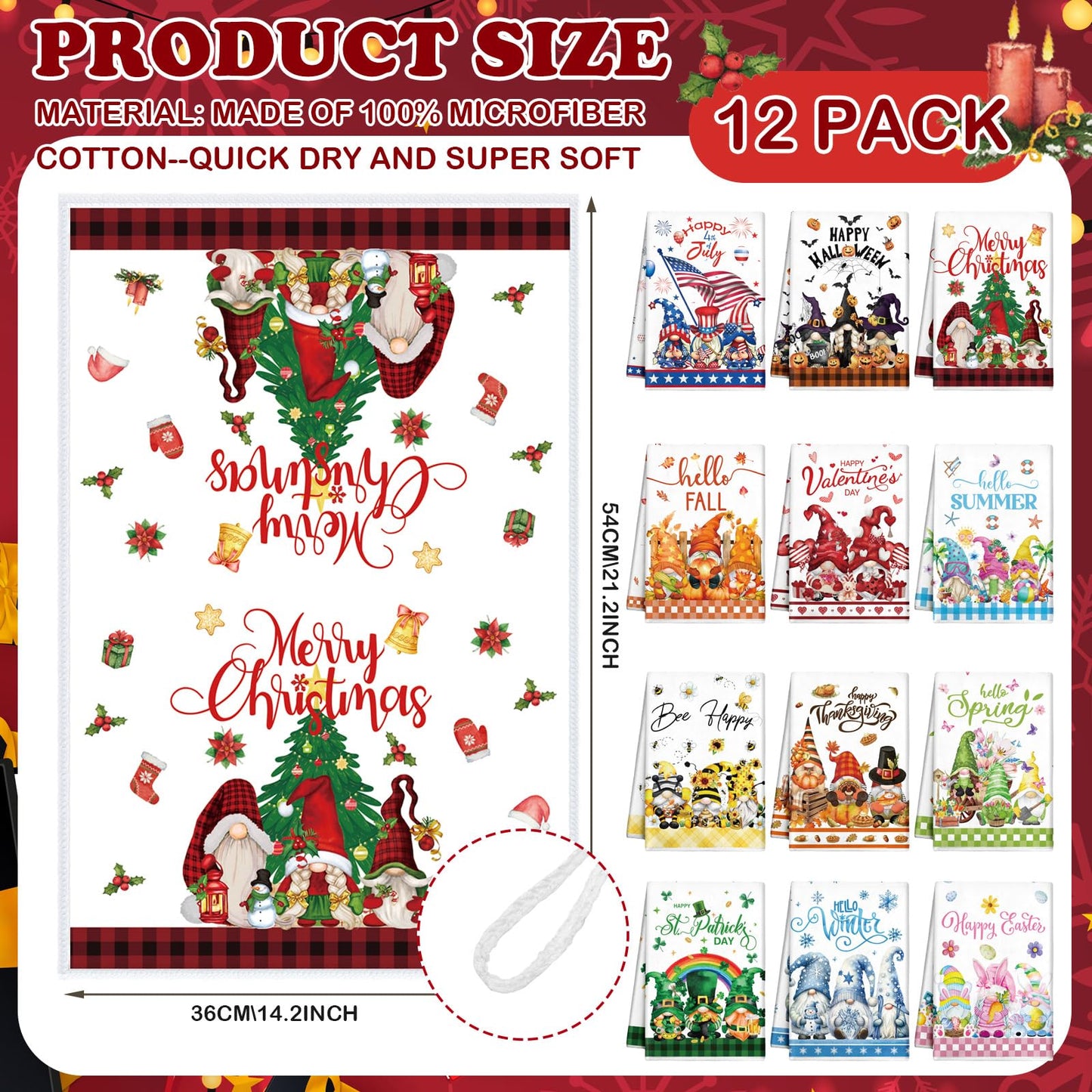 FuWeave 12 Pcs Seasonal Kitchen Towels Set for All Holidays Hand Dish Tea Towels Fall Halloween Christmas Absorbent Dishcloths Housewarming Gift for Cooking Kitchen Bathroom(Gnome Style,Bright Color)