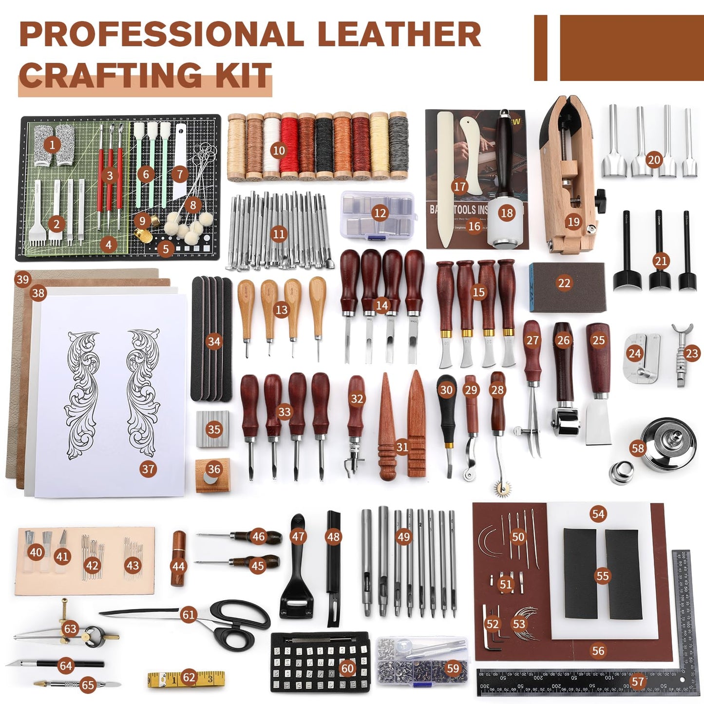 BUTUZE Leather Working Kit, Boxed Leather Tooling Kit, Leather Crafting Tool Kit, Cutting, Punching, Carving, Heavy Duty Leather Sewing Kit Professional Leather Working Tools and Supplies