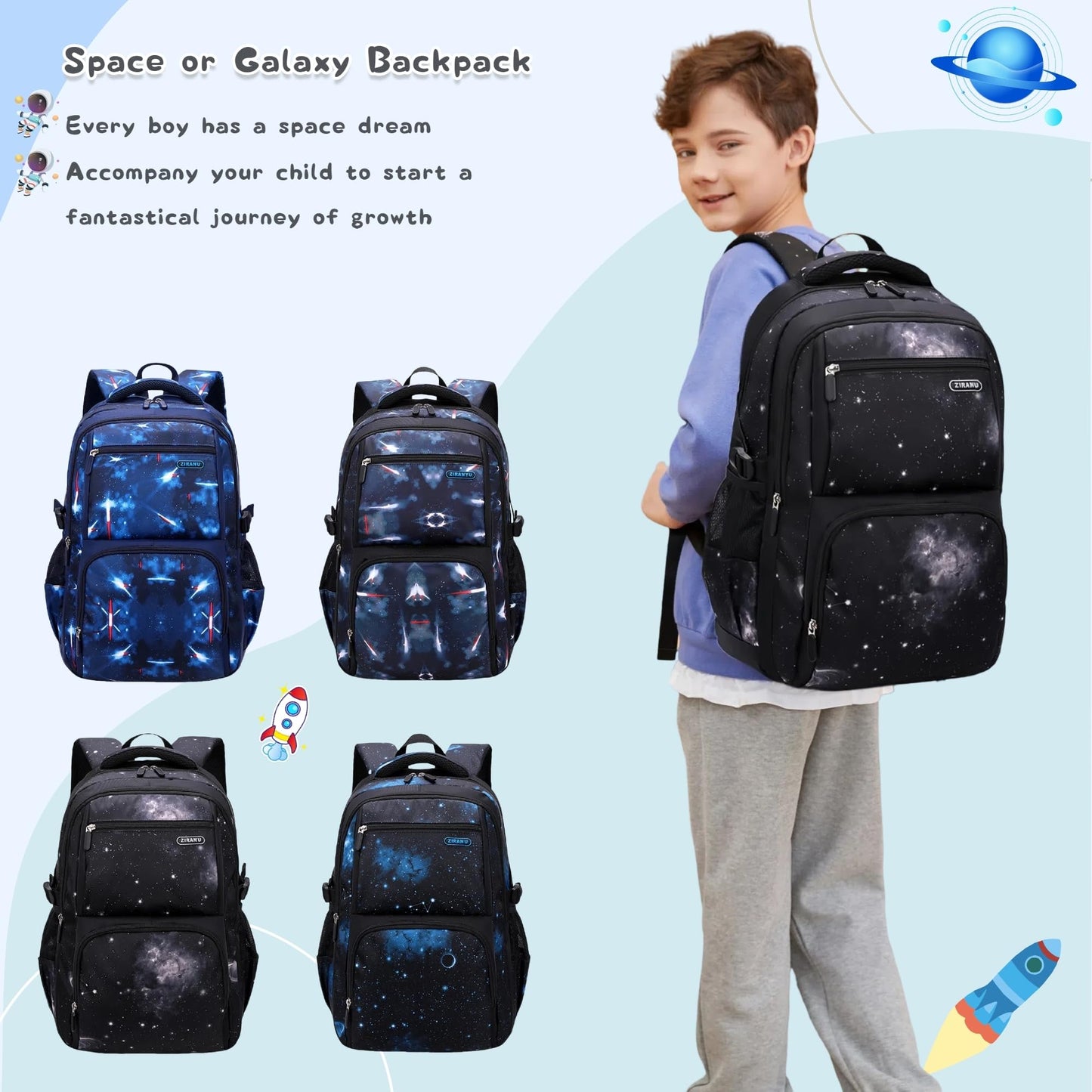 Galaxy-Print Backpack Rucksack for Boys Middle-School Elementary Bookbag