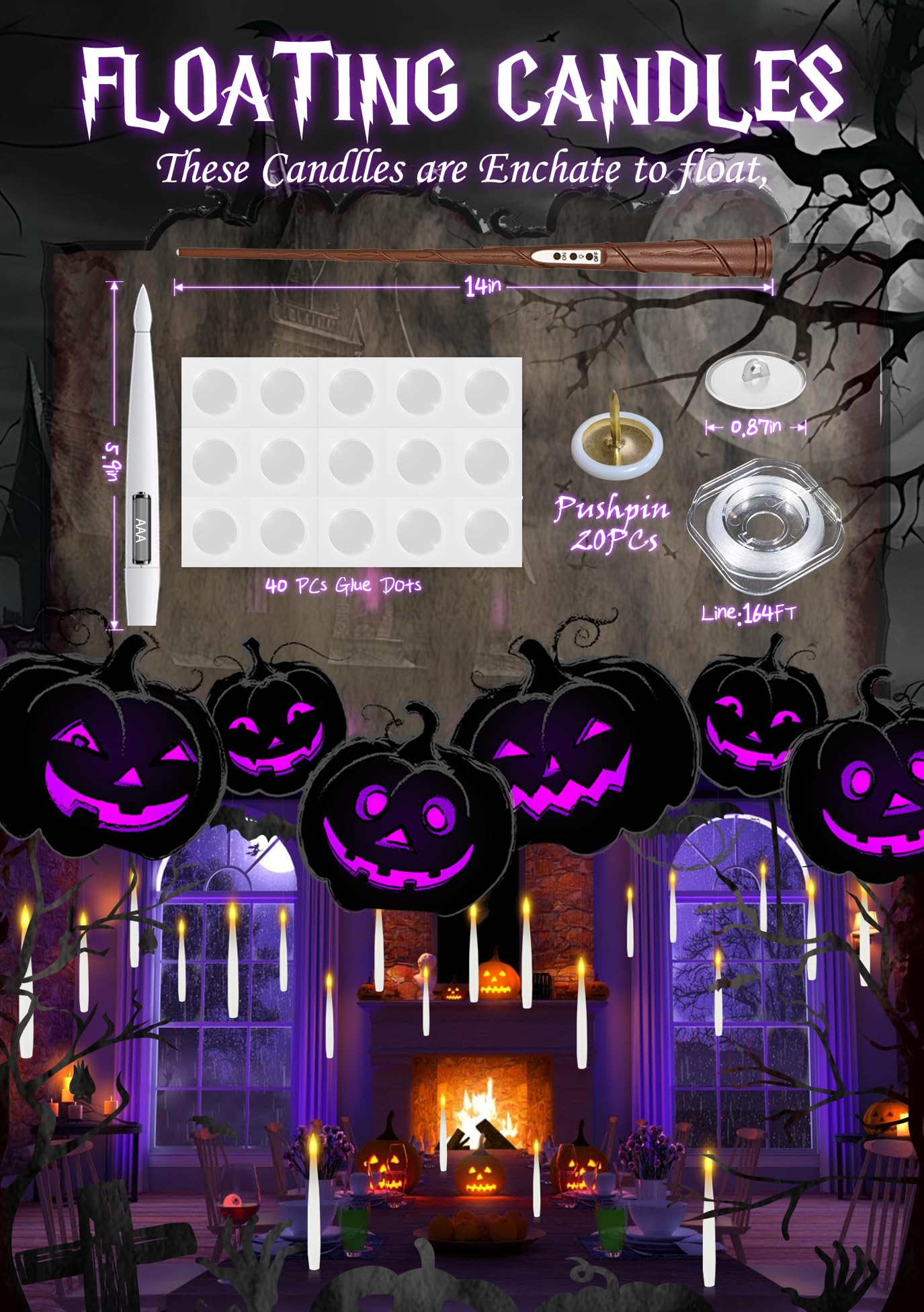 Halloween Decorations, Floating Candles with Wand 20 PCs Flameless Magic Hanging Candles, Flickering Warm Light Floating LED Candle with Remote, Battery Operated Window Taper Candle Set Birthday Gift