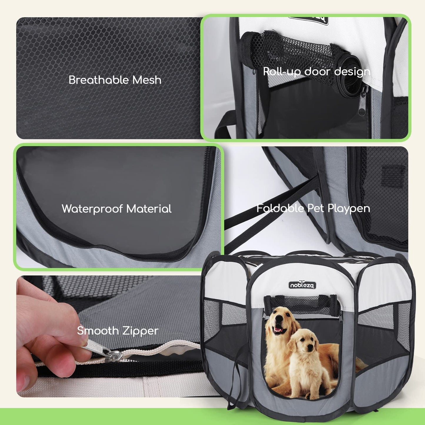 Nobleza Pet Playpen Portable Foldable Dog Cat Puppy Pen for Indoors Outdoor Pop Up Pet Fence Breathable Mesh Pet Carrier Kennel Soft Cage Tent for Rabbit Hamster Guinea Pig Beige Gray,24.4x24.4x17.7in