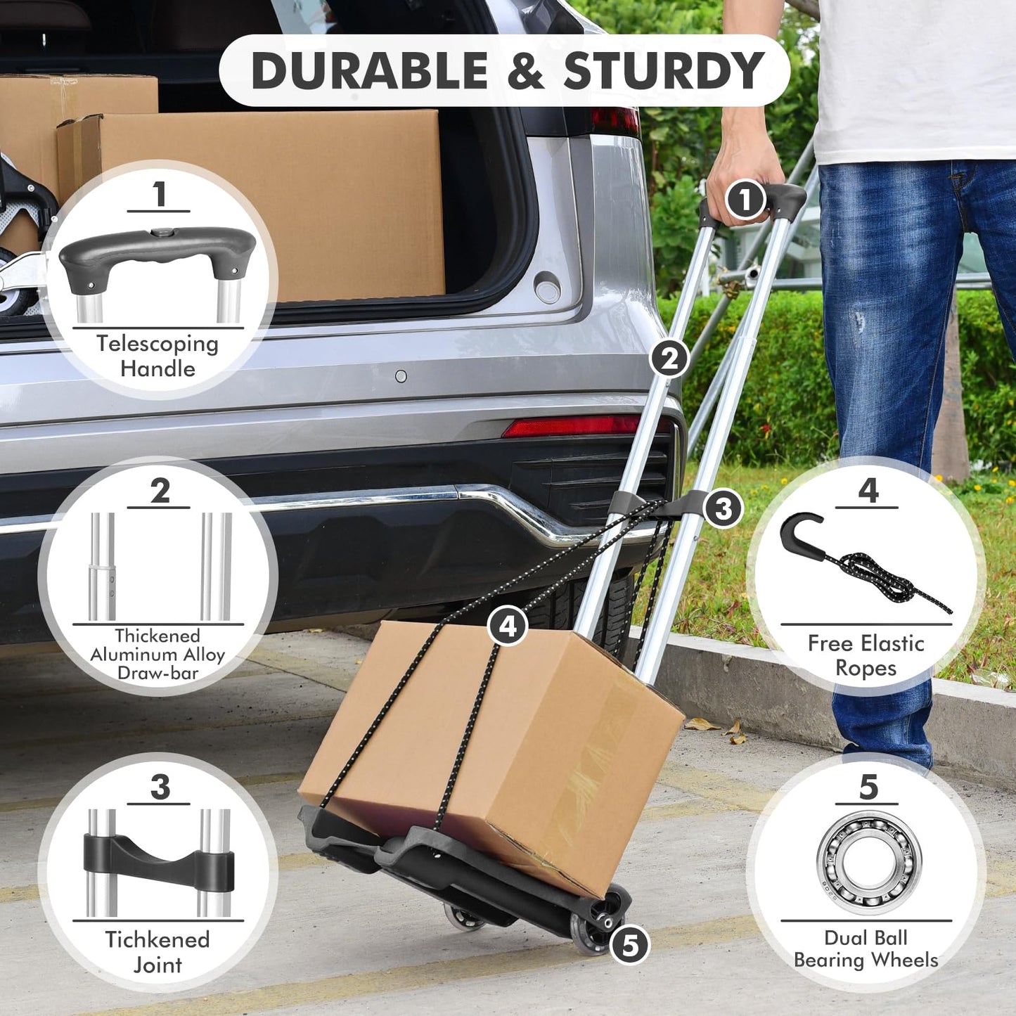 Home-Man Folding Hand Truck, Heavy Duty Luggage Cart, Utility Dolly Platform Cart with 4 Wheels and 2 Elastic Ropes for Luggage, Travel, Moving, Shopping, Office Use (110LB, Black)