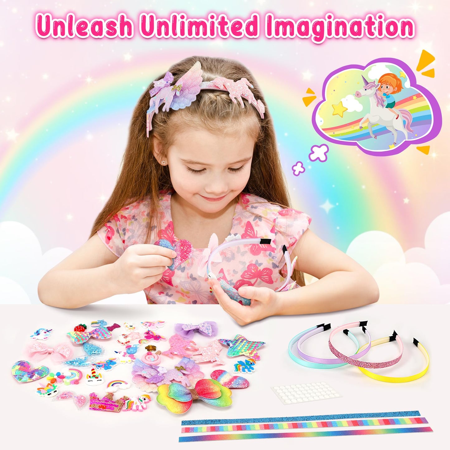 Pourbibi Unicorn Headband Making Kit for Girls Age 3+, Creative Craft Kits for Kids, DIY Fun Hairbands & Hair Accessories Toys Set - Birthday Presents & Gifts for Girls Age 3 4 5 6 7 8 Years Old