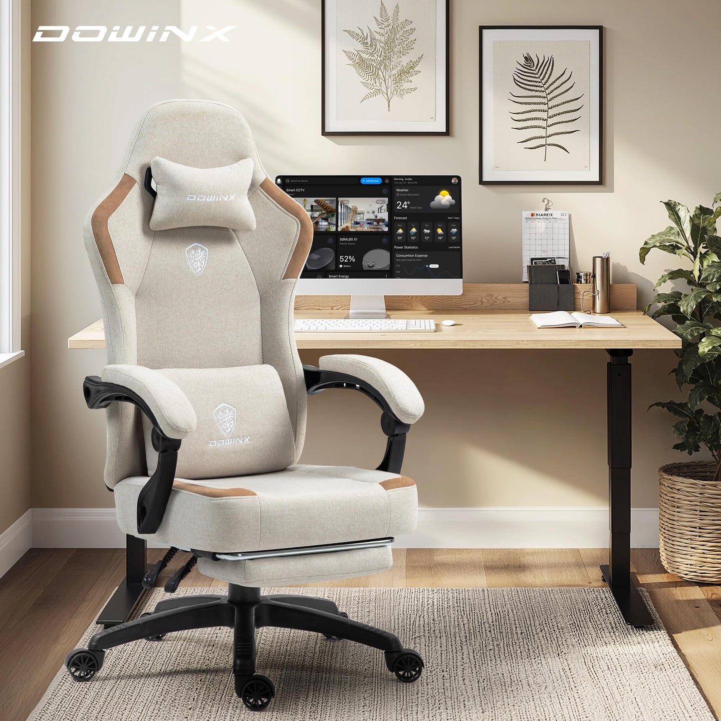 Dowinx Fabric Gaming Chair with Pocket Spring Cushion,Breathable Computer Chairs with Massage Lumbar Support and Footrest,High Back Game Office Chair for Adult,Beige