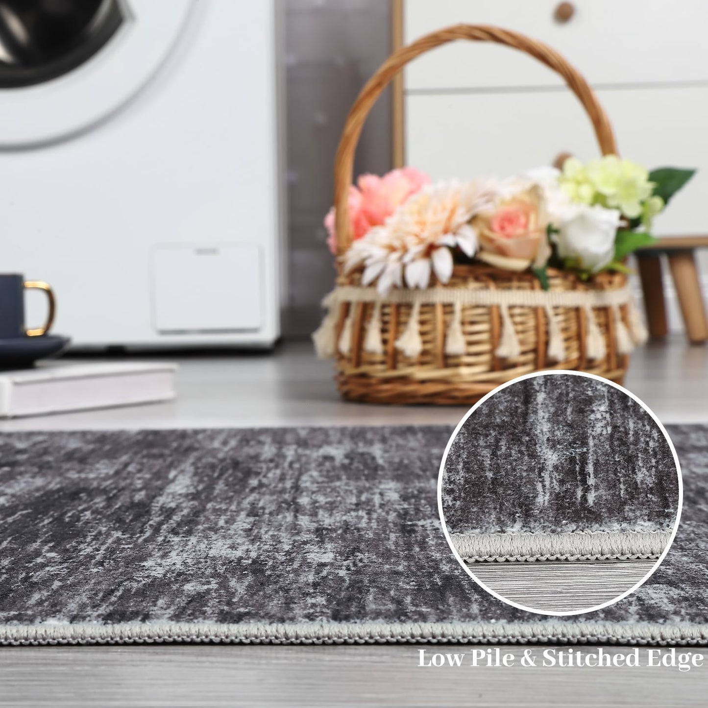 RUGSREAL 2x6 Runner Rug Washable Kitchen Runner Rug Modern Abstract Runner Mat for Hallway Contemporary Solid Rug Non-Slip Foldable Aesthetic Accent Floor Carpet for Living Room Bedroom, Dark Grey