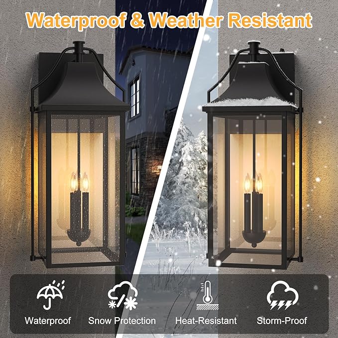 ππ-ππππ Dusk to Dawn Outdoor Wall Light, Large Size Waterproof Patio Lanterns, 3-Light Exterior Wall Mount Lantern Sconce with Glass, Black Wall Sconces for House Garage Front Door