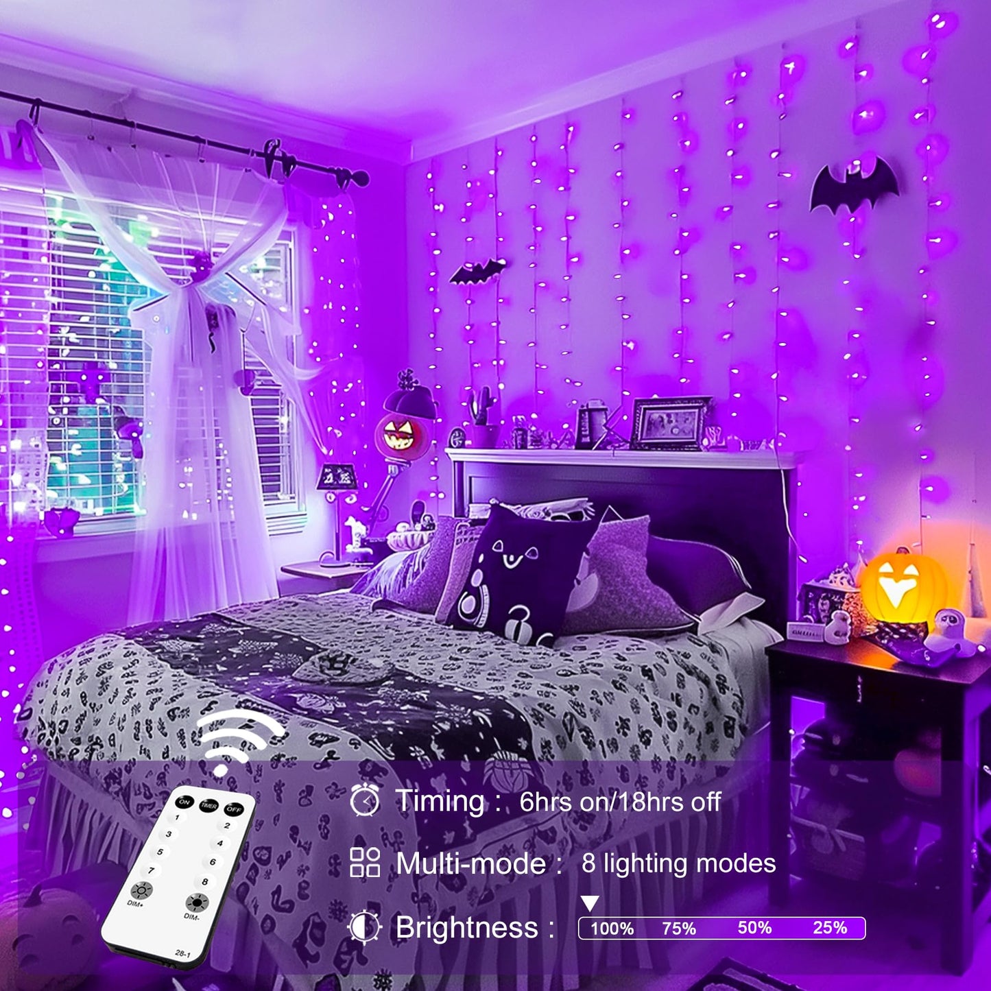 JMEXSUSS 300LED Purple Halloween Lights with Remote, Curtain Hanging Light Plug in, 8 Modes Purple String Lights for Bedroom Window Wall Party Backdrop Christmas Halloween Decorations