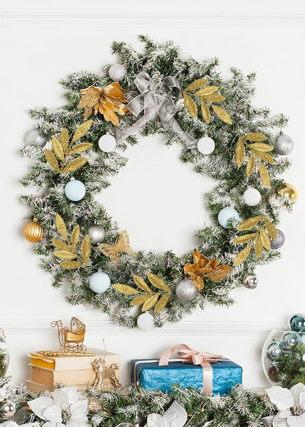 DILATATA 20 Pcs Christmas Glitter Bay Leaves 11" Gold Artificial Glitter Leaf Spray Christmas Tree Picks for Xmas Wreath DIY Garland Home Decor - Gold