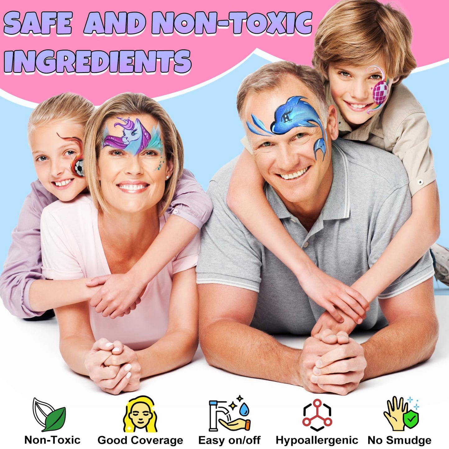 Drawdart Professional Face Painting Kit for Kids Adults, Rainbow Split Cake Face Paint Palette 12 x 10gm+ 4 Colors Pro Pressed Glitter Eyeshadow Palette, with Brushes Sponges Gems Stencils