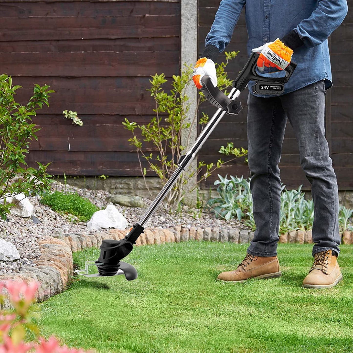 SMILOVII 24V Cordless Strimmer, Telescopic Lightweight Grass Trimmer with 6xMetal Blades & 10xPlastic Blades, 2 x 2000mAh Battery, Electric Garden Strimmer Grass Cutter for Lawn Edger Pruning Weed