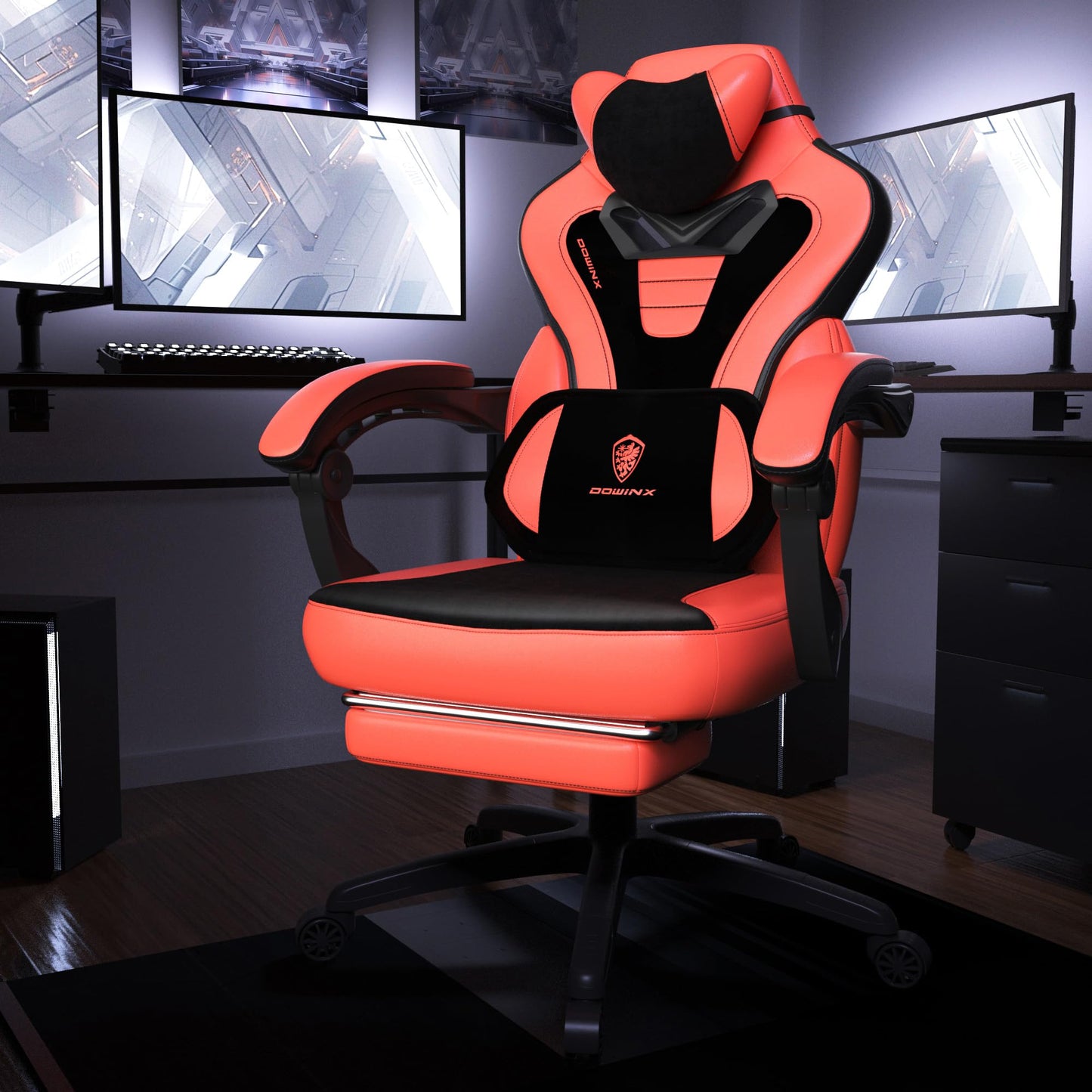 Dowinx Gaming Chair with Footrest, Gaming Chair for Heavy People, Gamer Chair for Adult with Massage, Computer Game Chair with PU, PC Game Chair for 200lbs (Red)