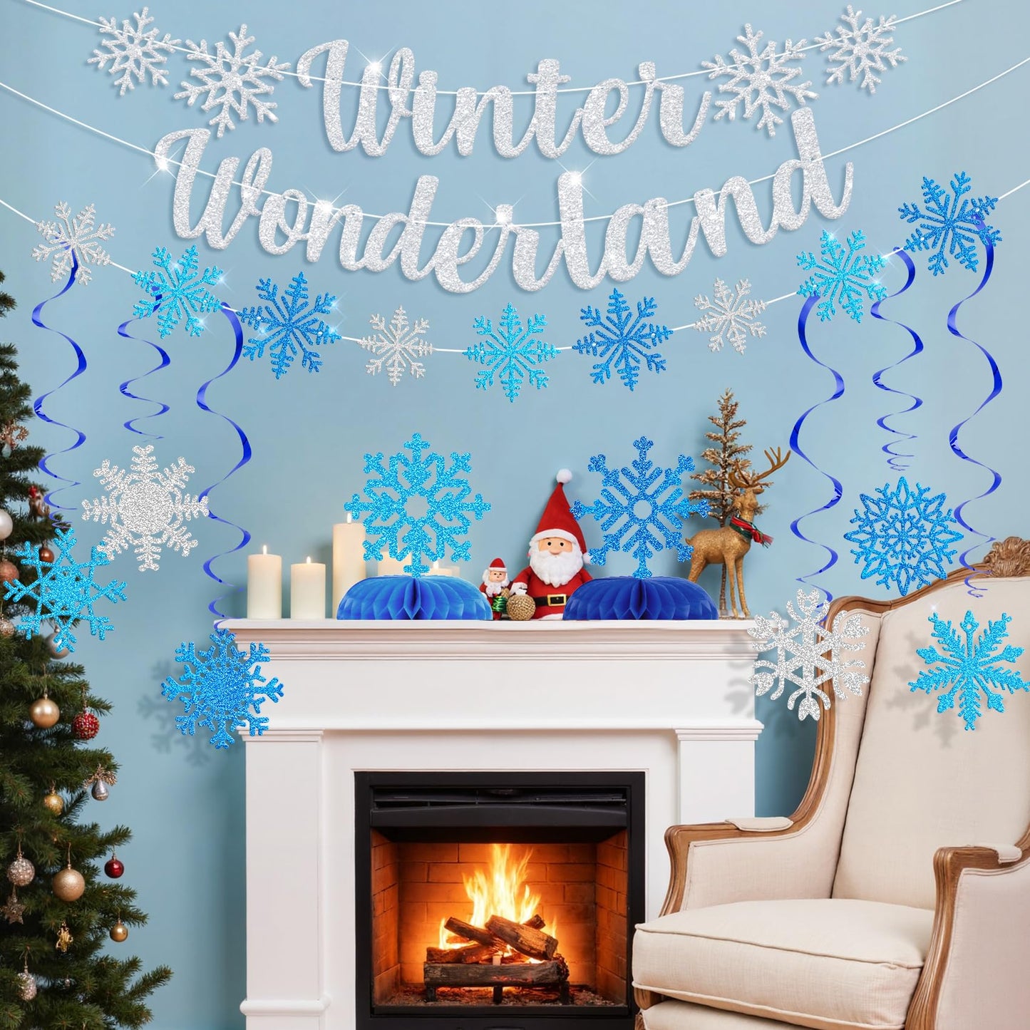 Ouddy Life 36 Pcs Winter Wonderland Christmas Decorations, Hanging Snowflake Swirls Ceiling Streamers, Glitter Paper Spiral Snowflakes Ornaments Banners Honeycomb for Xmas Frozen Party Birthday Decor