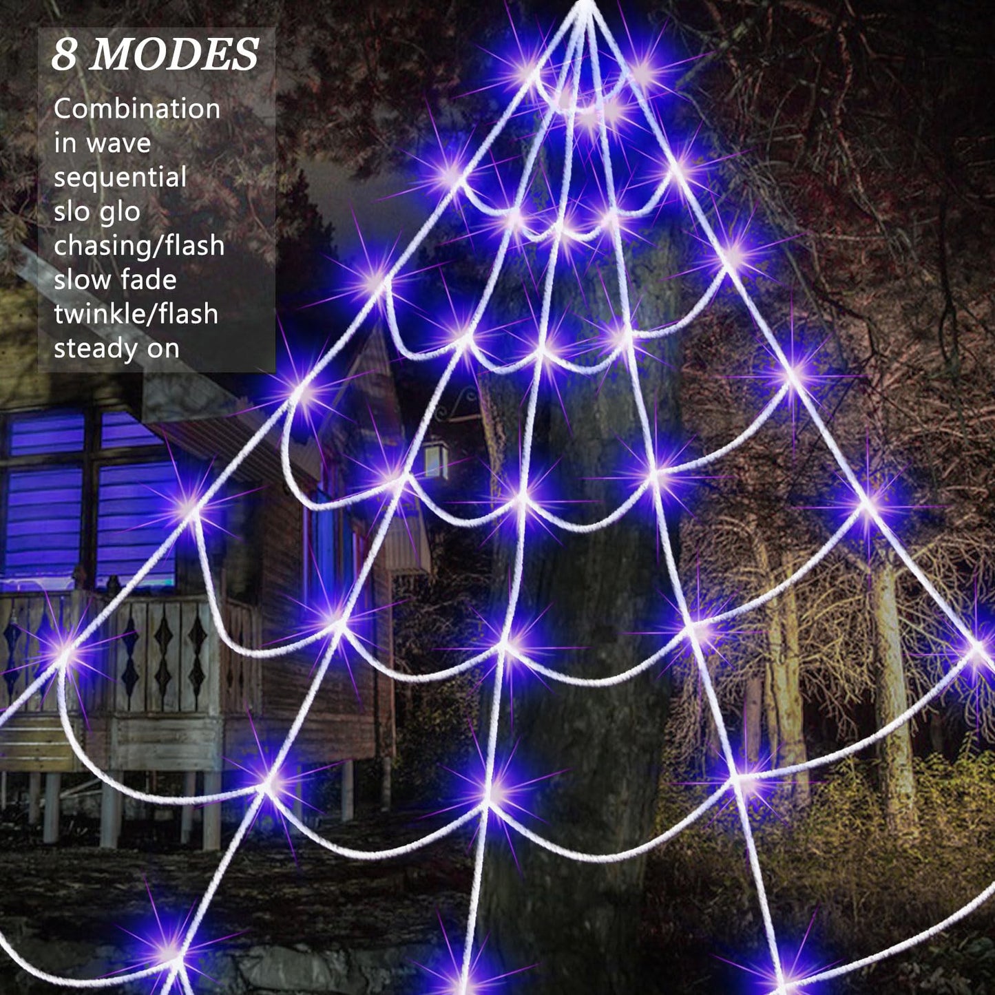 Outdoor Solar Powered Halloween Decorations Spider Web Lights, 14.8 x 16.4 FT Triangular White Spider Web with 135 LED Purple Lights, Large Size Solar Halloween Decor (Purple)