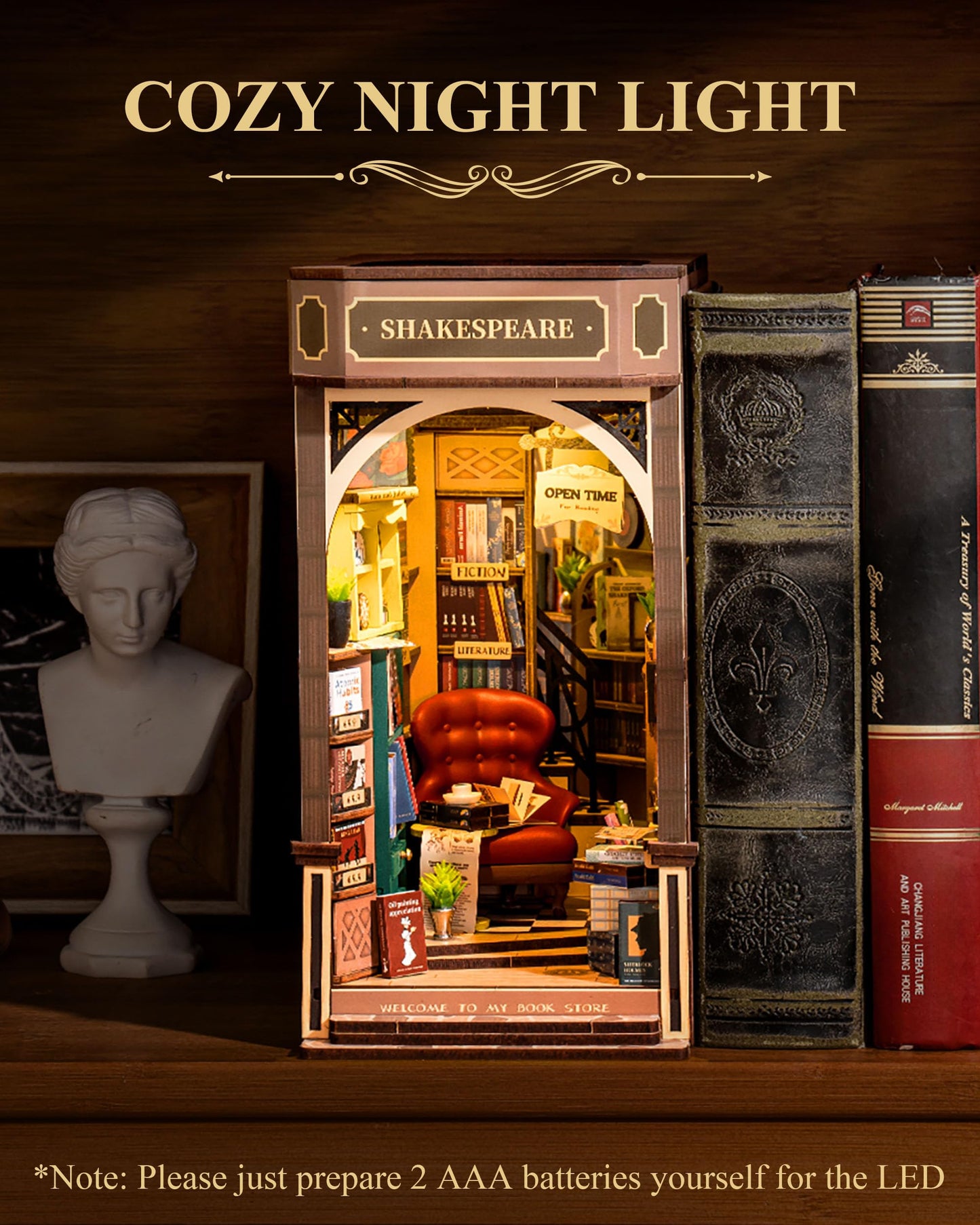 Rolife Book Nook Kits for Adults Shakespeare Bookstore DIY Miniature Kit with LED Light for Desk Library Bookshelf Decoration 3D Wooden Puzzle Booknook Model Kits for Adults to Build (TGB07)