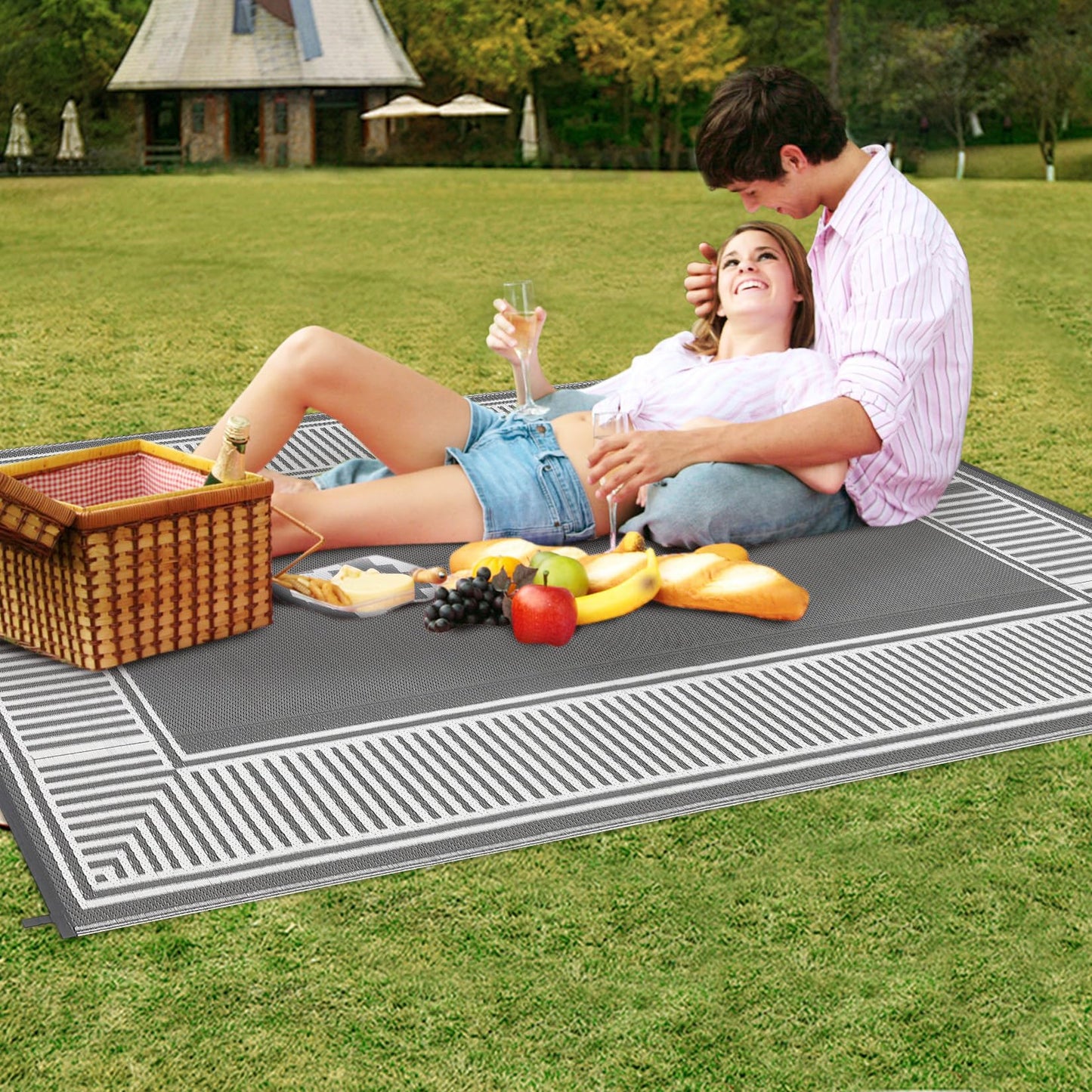 GAOMON Waterproof Outdoor Rug for Patios 9x12 Reversible Plastic Straw Area Rug, Indoor Outdoor Large RV Camping Carpet Mat for Picnic, Backyard, Deck, Balcony, Porch, Beach,Border-Grey
