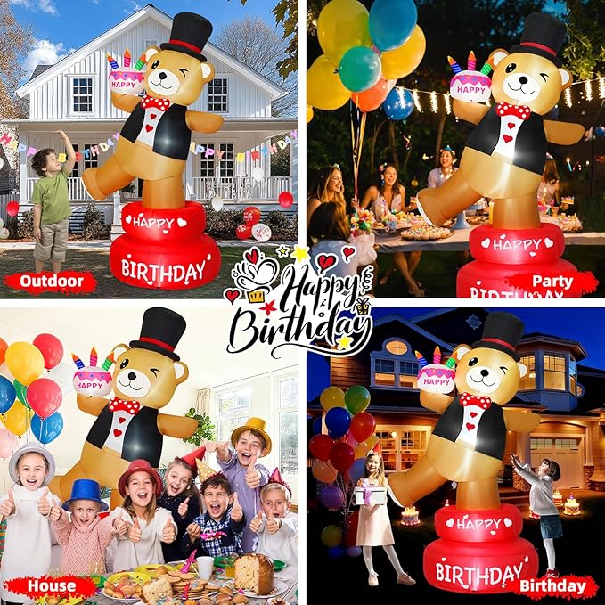 6FT Birthday Inflatable Decorations Happy Birthday Cake Outdoor Decor with Candles Lighted Blow Up Party, Brown Bear Holding Cake, Bright LED Lights for Home Celebration Garden Yard Lawn Decor