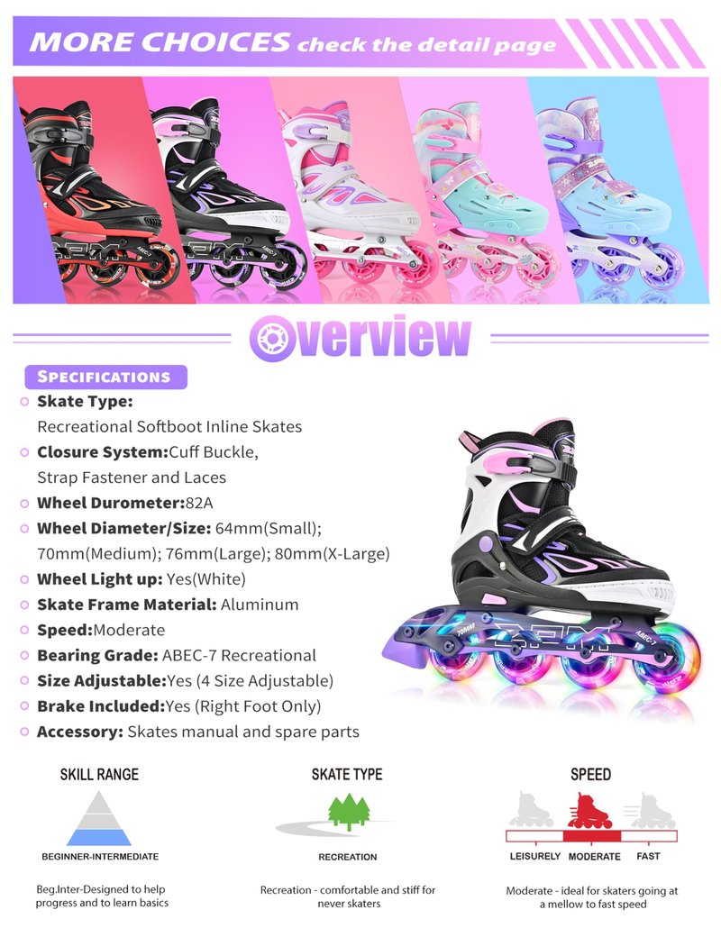 2PM SPORTS Vinal Inline Skates for Girls Boys Kids Ages 5-8 8-12 with Adjustable Illuminating Wheels, Inline Roller Skates for Youth Women Men - Purple Pink Large