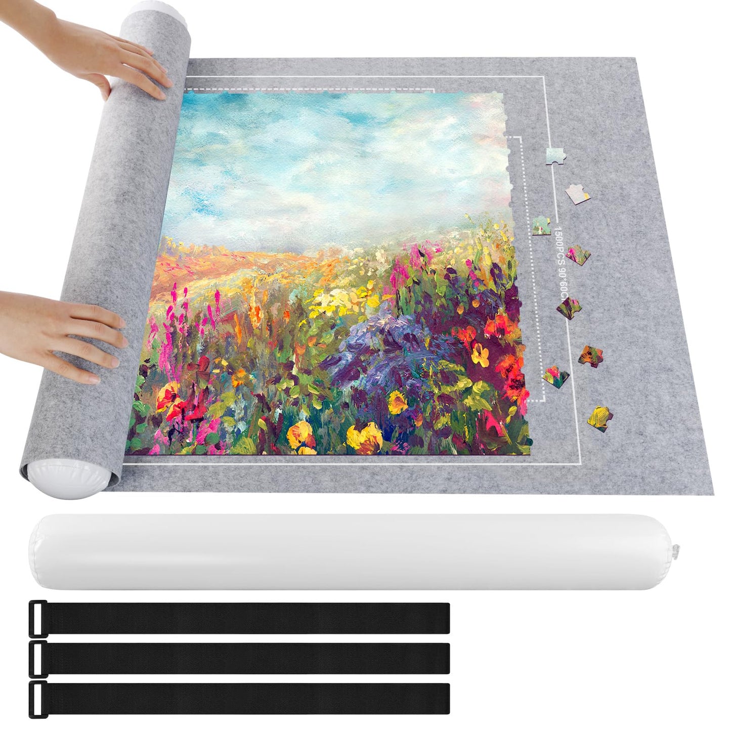 Ainiv Jigsaw Puzzle Mat Roll Up 1500 Pieces, 46" x 26" Portable Felt Puzzles Board with Travel Storage Bag, Jigsaw Saver Pad Keeper for Adults Teens, Gray