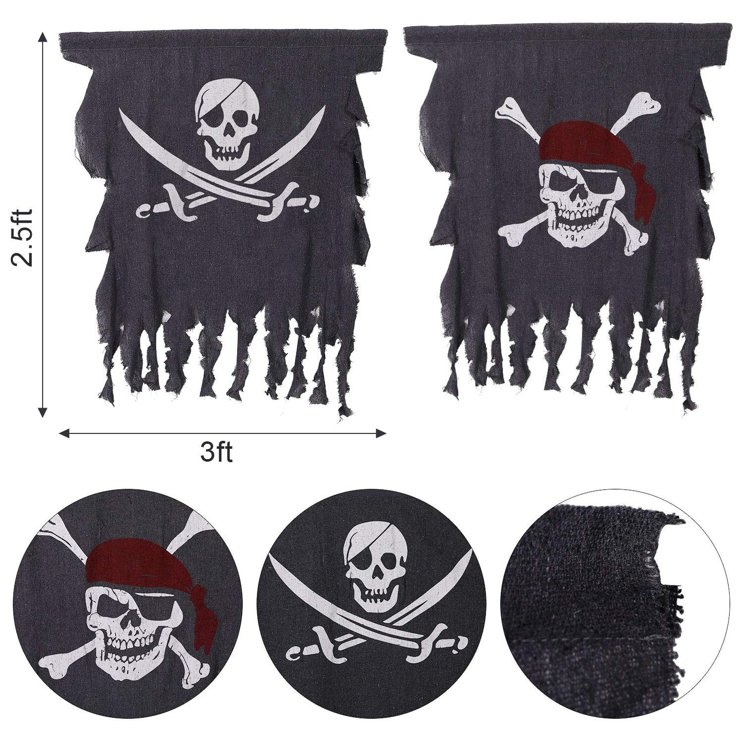 Tatuo 2 Pieces Pirate Flag Halloween Pirate Party Decorations 3 x 2.5 Feet Weathered Retro Creepy Ragged Jolly Roger Flag Skull Bones Banner for Halloween Party Decorations, Kids Room Decor
