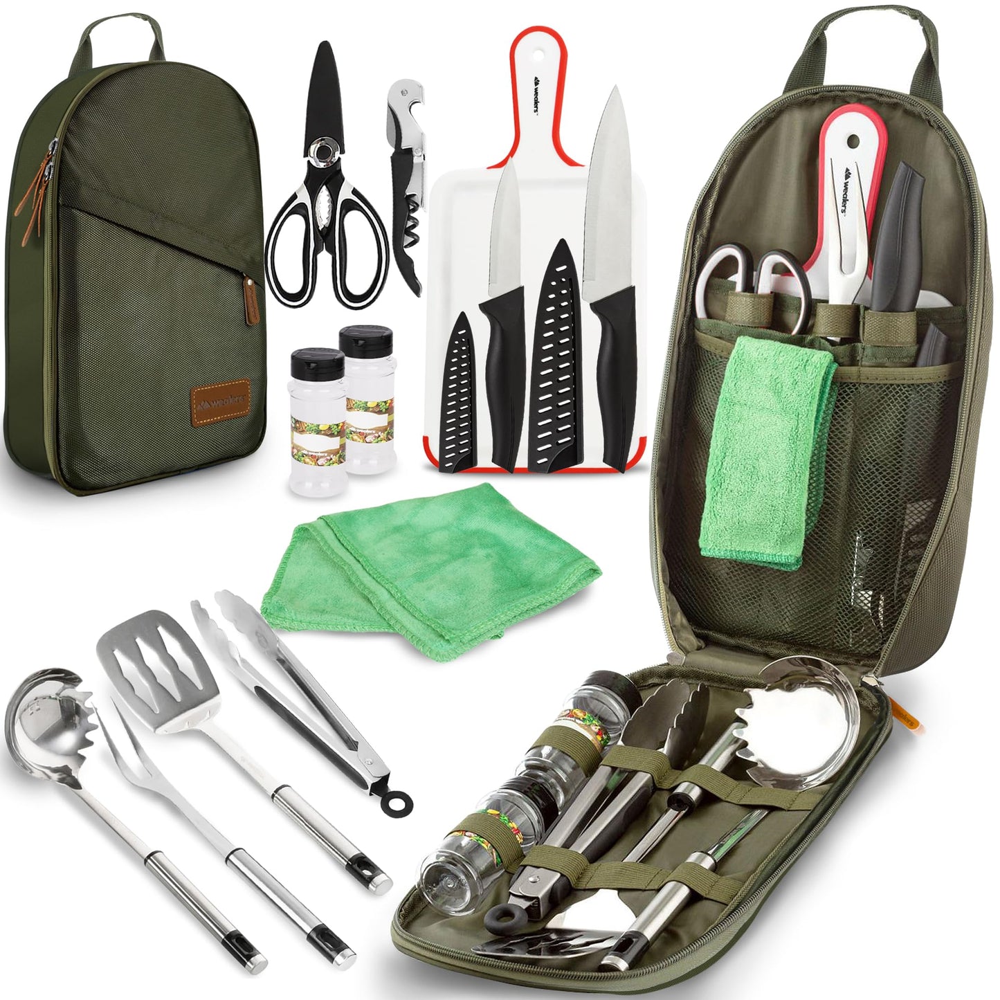 12 Piece Camp Kitchen Cooking Utensil Set Travel Organizer Grill Accessories Portable Compact Gear for Backpacking BBQ Camping Hiking Travel Cookware Kit Water Resistant Case (Green)