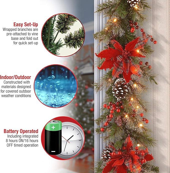 National Tree Company Pre-Lit Artificial Christmas Garland, Green, Evergreen, White Lights, Decorated With Plaid Bows, Berry Clusters, Pine Cones, Plug In, Christmas Collection, 9 Feet