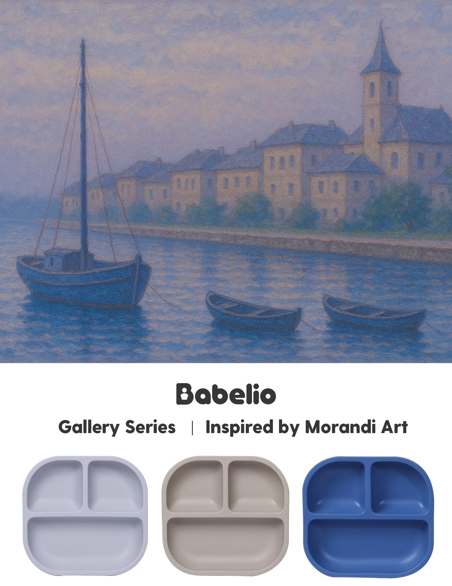 BABELIO Powerful Suction Plates for Baby and Toddler, 100% Food Grand Silicone, Divided, BPA Free, Microwave & Dishwasher Safe, Stay Put, 3 Pack