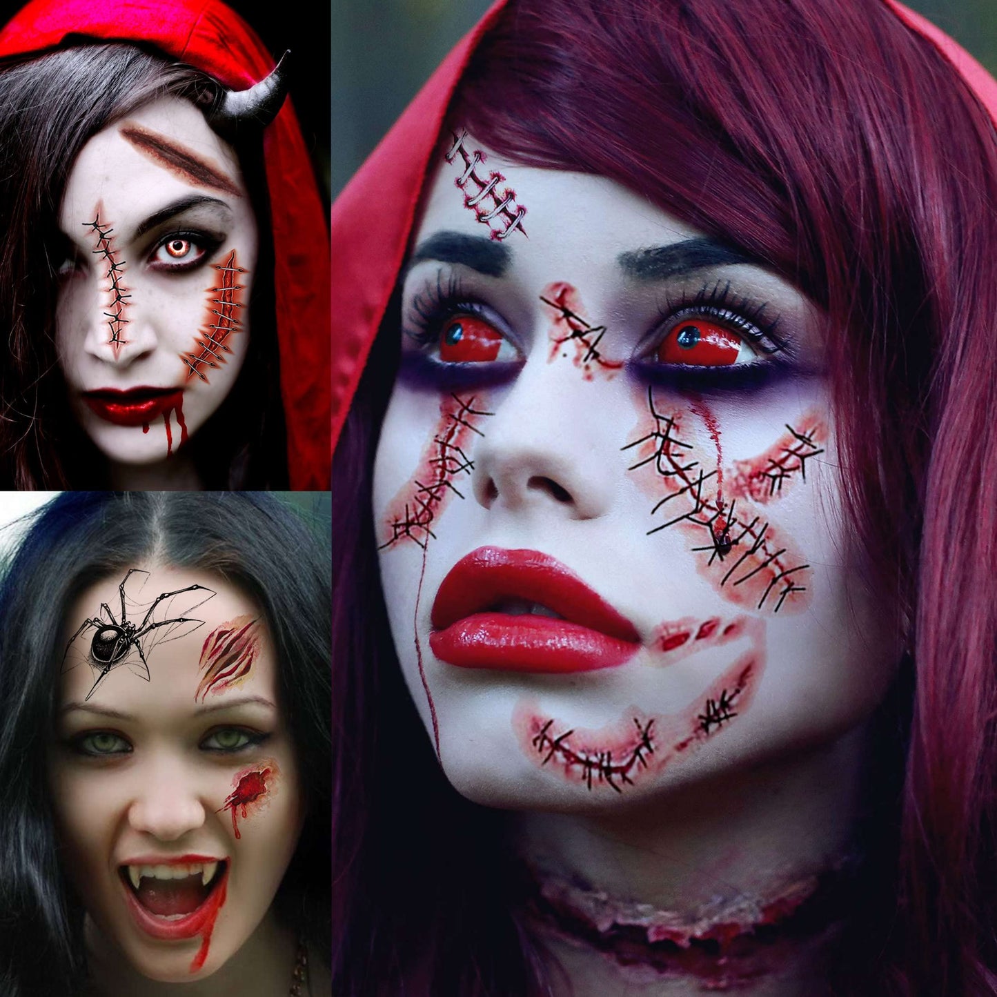 TASROI 236+ PCS 45 Sheets Halloween Temporary Tattoos For Kids Zombie Makeup Kits 3D Bats Spider Web Witch Small Black Ghost Pumpkin Face Stitches Fake Scar Tattoo Stickers For Women Adult Men Skull