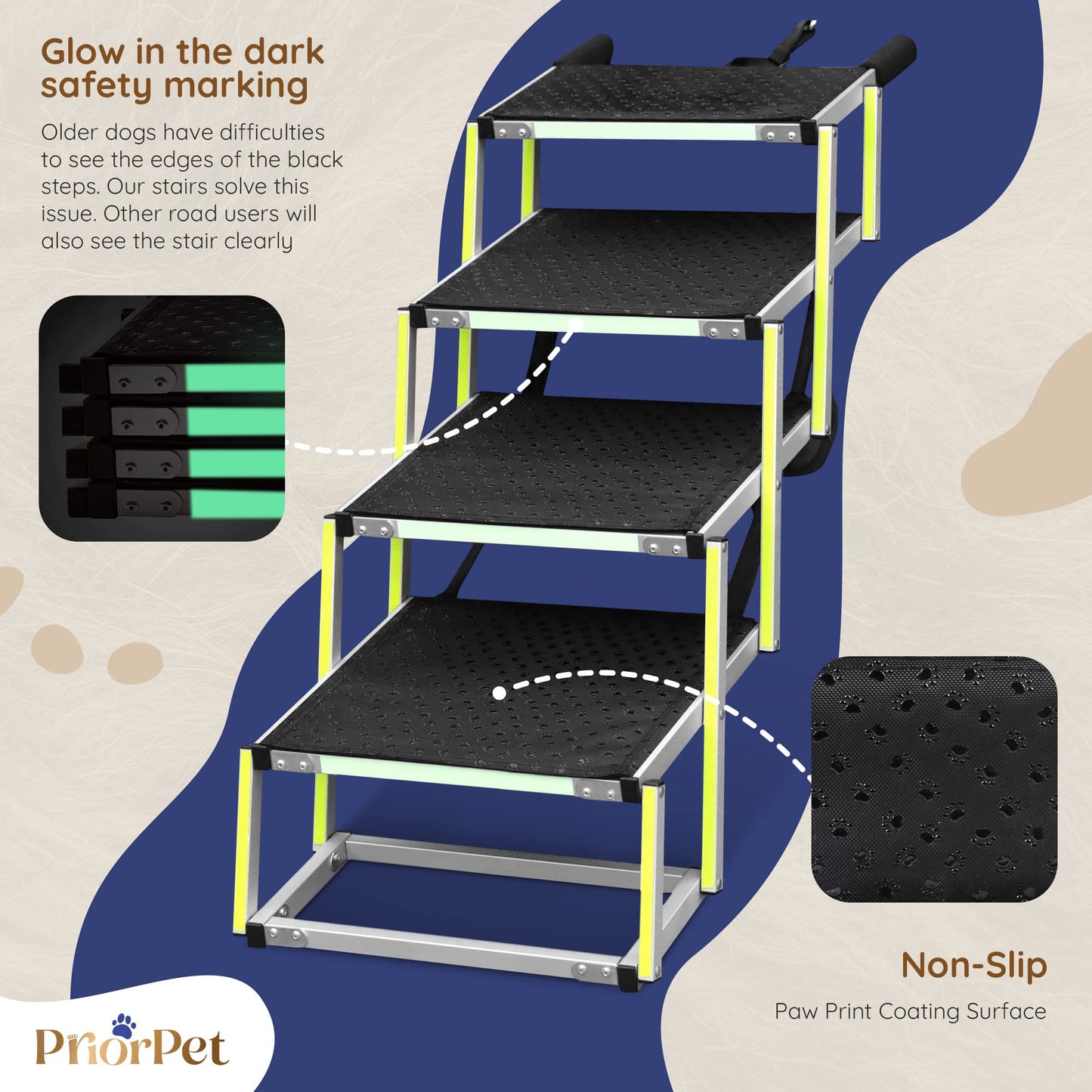 Dog Steps for Car - Dog Ramps for Cars with Glow in the Dark Marking - Non-slip surface Car Ramp - Suitable for Small Cars and Estates - Portable Aluminum Folding Pet Ramp for Dogs - 4 Steps