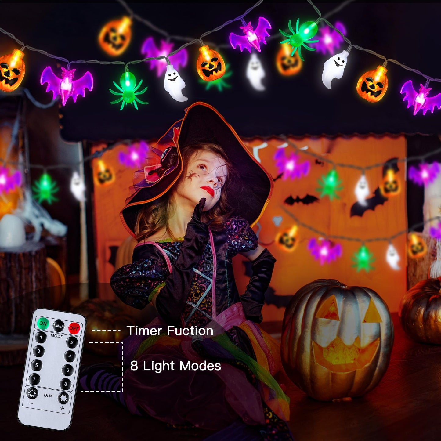 20FT 40LED Halloween Lights Outdoor Indoor Pumpkin Bat Spider Ghost Halloween String Lights Battery Operated, 8 Light Modes Waterproof Fairy Lights Decorations for Home Yard Window Party Outside Decor