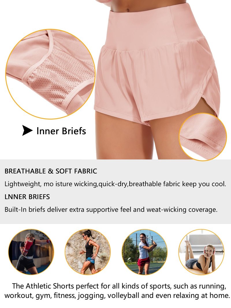 Origiwish Women's High Waisted Running Shorts with Liner Quick Dry Athletic Workout Shorts Zipper Pockets
