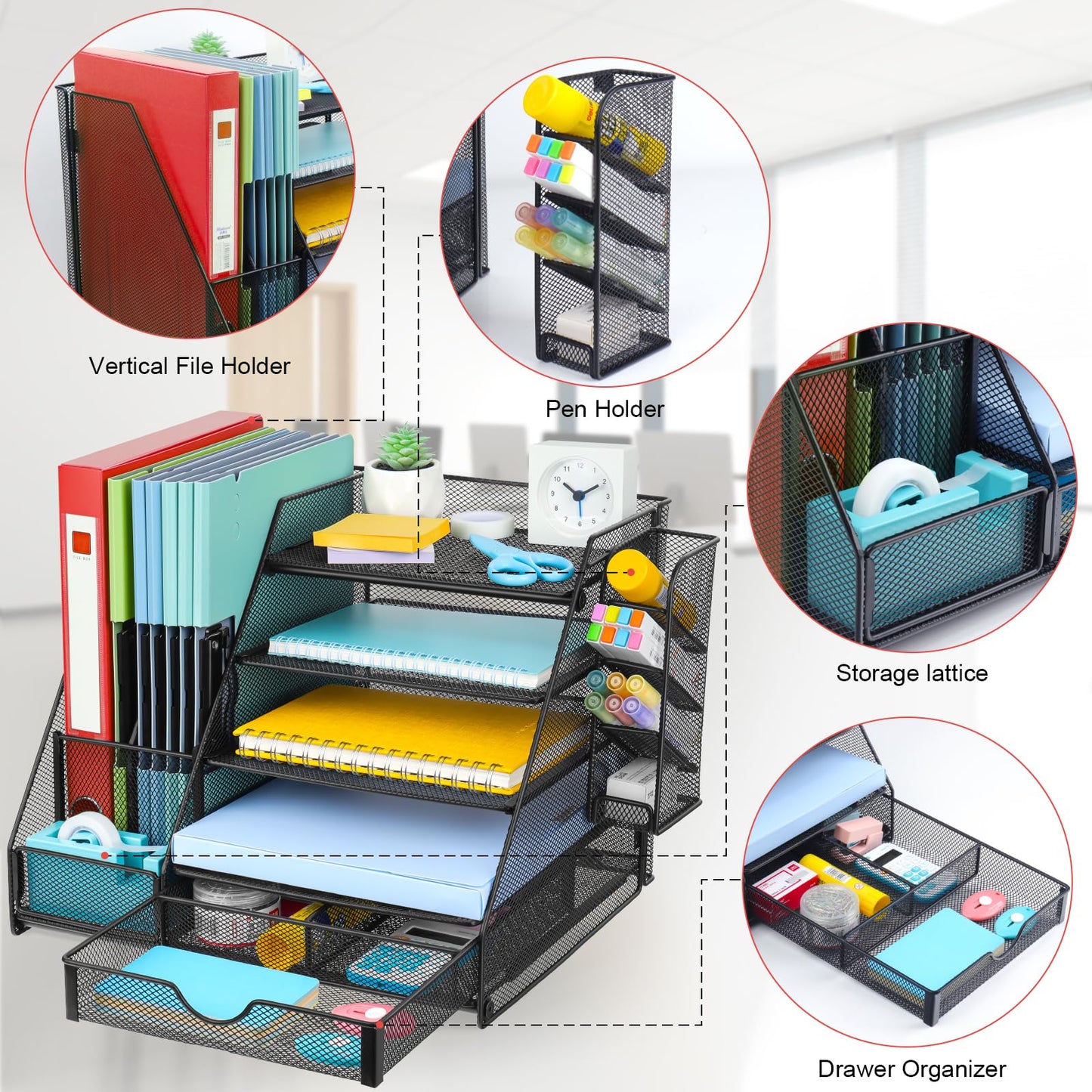 GALASALA Mesh Desk Organizer, 5 Tier Paper Letter Tray with Extra Vertical File Sorter, Sliding Drawer and Pen Holders for Desk Accessories Office Supplies, Black