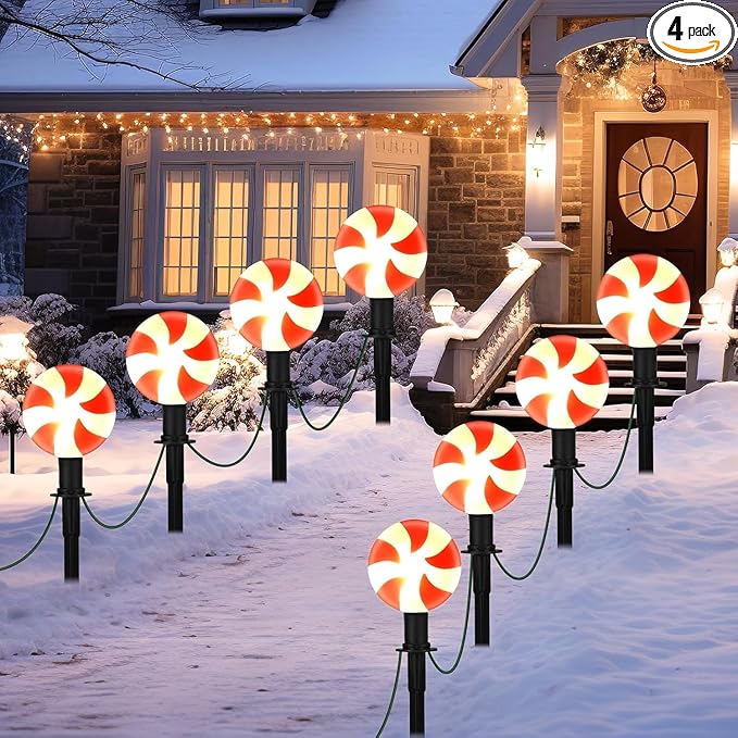 C9 LED Christmas Lollipop Peppermint Pathway Lights Outdoor, 7Ft 4 Candy Cane Bulbs Stakes Lights, Connectable Colorful Marker Walkway Lights for Yard Patio Sidewalk Driveway Garden Lawn Decor