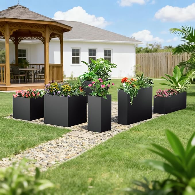 Metal Planter Box 14" x 14"x 30",Heavy-duty Galvanized Steel Outdoor Planter with Removable Built-in shelf and Drainage Holes,Rectangular Planter for Porches, Gardens, Patios, and Courtyards,Black