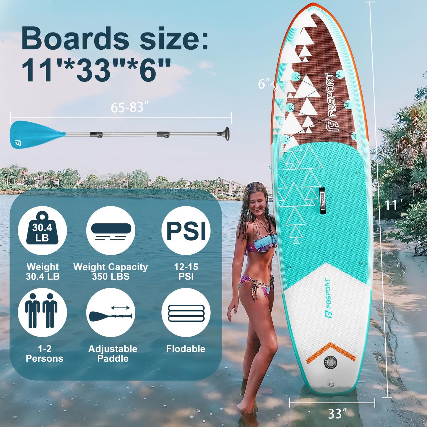 FBSPORT 11' Premium Stand Up Paddle Board, Yoga Board with SUP Accessories & Carry Bag | Wide Stance, Surf Control, Non-Slip Deck, Leash, Paddle and Pump for Youth & Adult(BlueWhite)