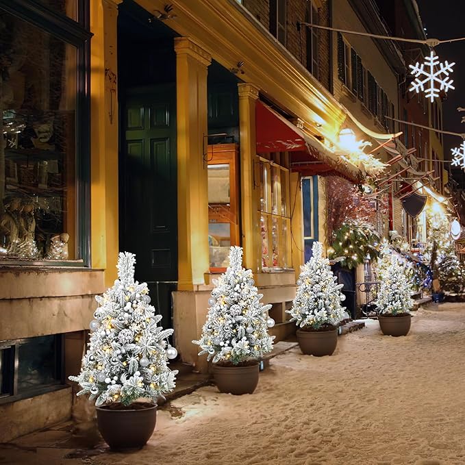 Set of 2 30 Inch Prelit Outdoor Christmas Trees, Artificial Battery Operated Snow Flocked Xmas Tree with Stake, Silver Berries, Pine Cones, Ball Ornaments, 8 Lighting Modes & Timer Included