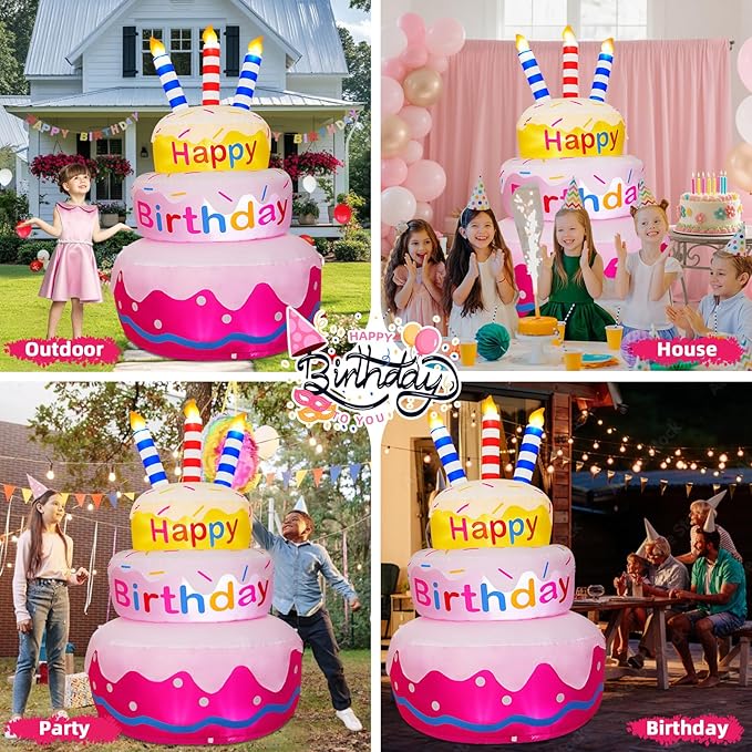 6FT Inflatable Happy Birthday Outdoor Decorations Cake with Candles, Bright LED Lights, Blow Up Yard Decoration with Rotating Colorful Appearance for Outdoor Indoor Birthday Party Garden Lawn