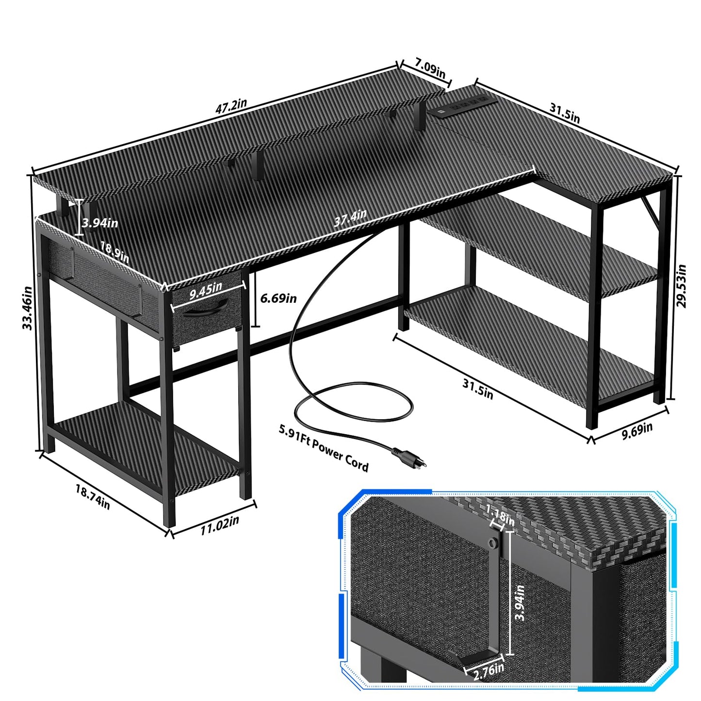 Eivanet 47 inch Gaming Desk with USB Charging Ports and LED Light, Reversible L Shaped Desk, L Shaped Desk with Hook & Monitor Stand, Computer Desk with Drawer and Shelves for Home Office Bedroom