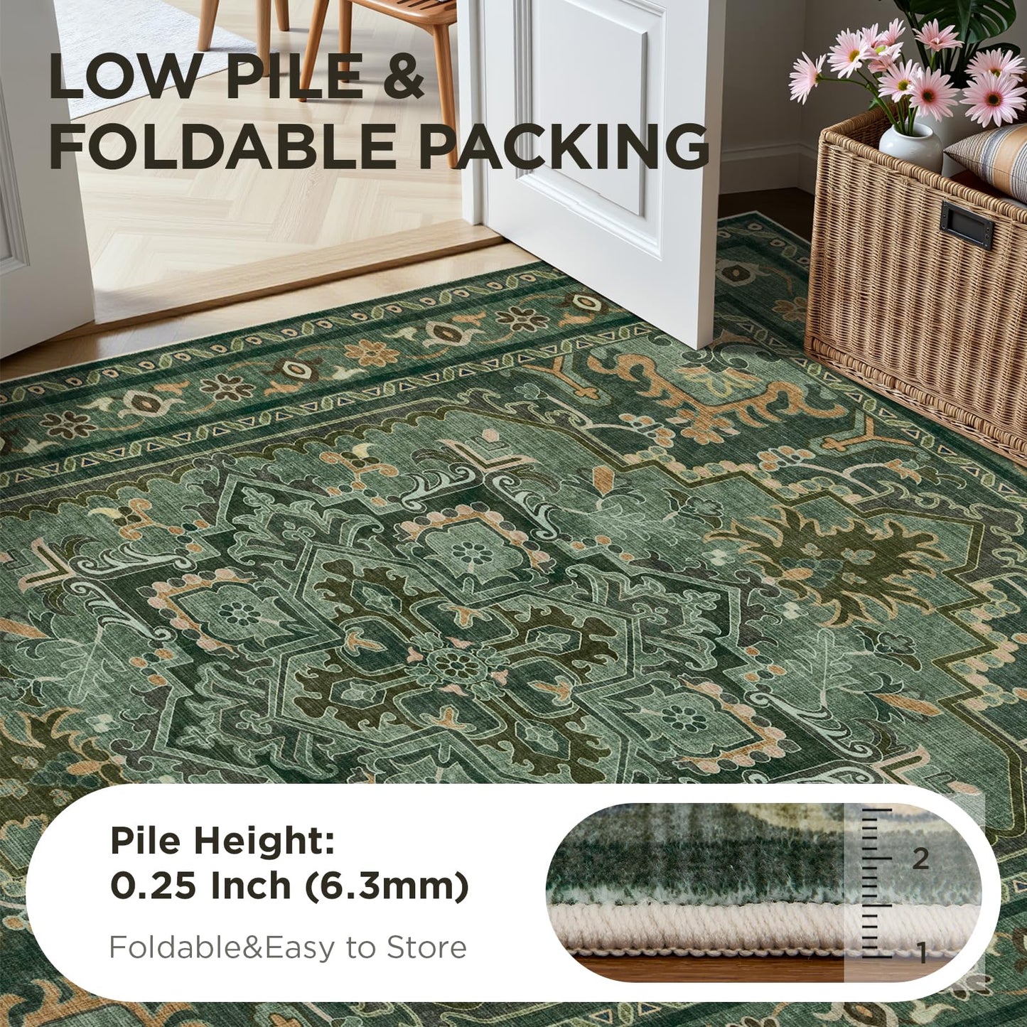 Joydeco Area Rugs 6'x9' Washable Non-Slip, Floral Vintage Distress Medallion Carpet for Living Room Bedroom Dining Room, Green&Beige&Dark Gray