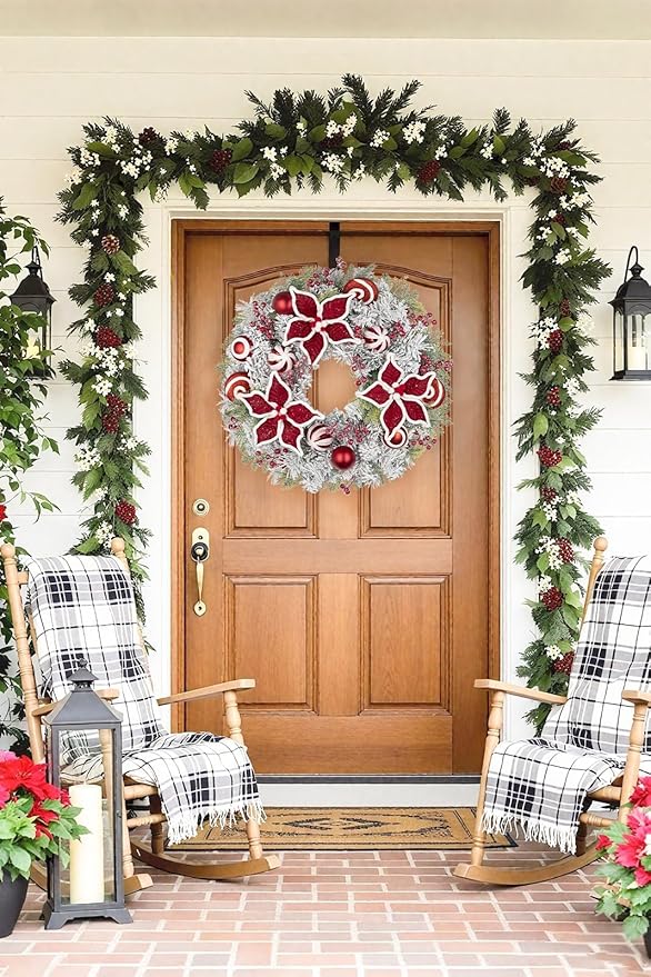 24 inch Christmas Door Wreath, Poinsettia Wreaths for Front Door with Candy Cane Red and White Ball Berries for Fireplace Xmas Decorations, Wall Window Indoor Outdoor Decor
