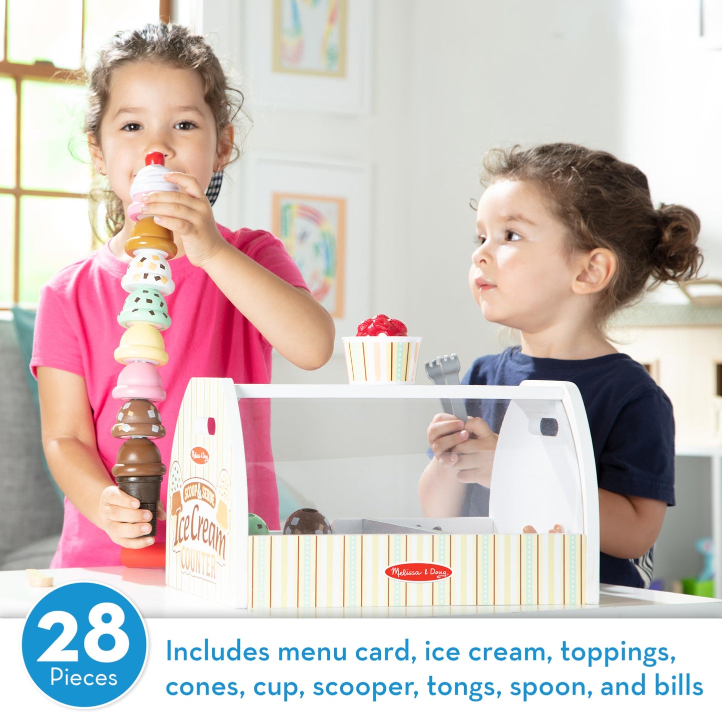 Melissa & Doug Wooden Scoop & Serve Ice Cream Counter, Pretend Play Store, 28 Toy Food & Play Kitchen Accessories, Preschool Toys for Girls & Boys 3+