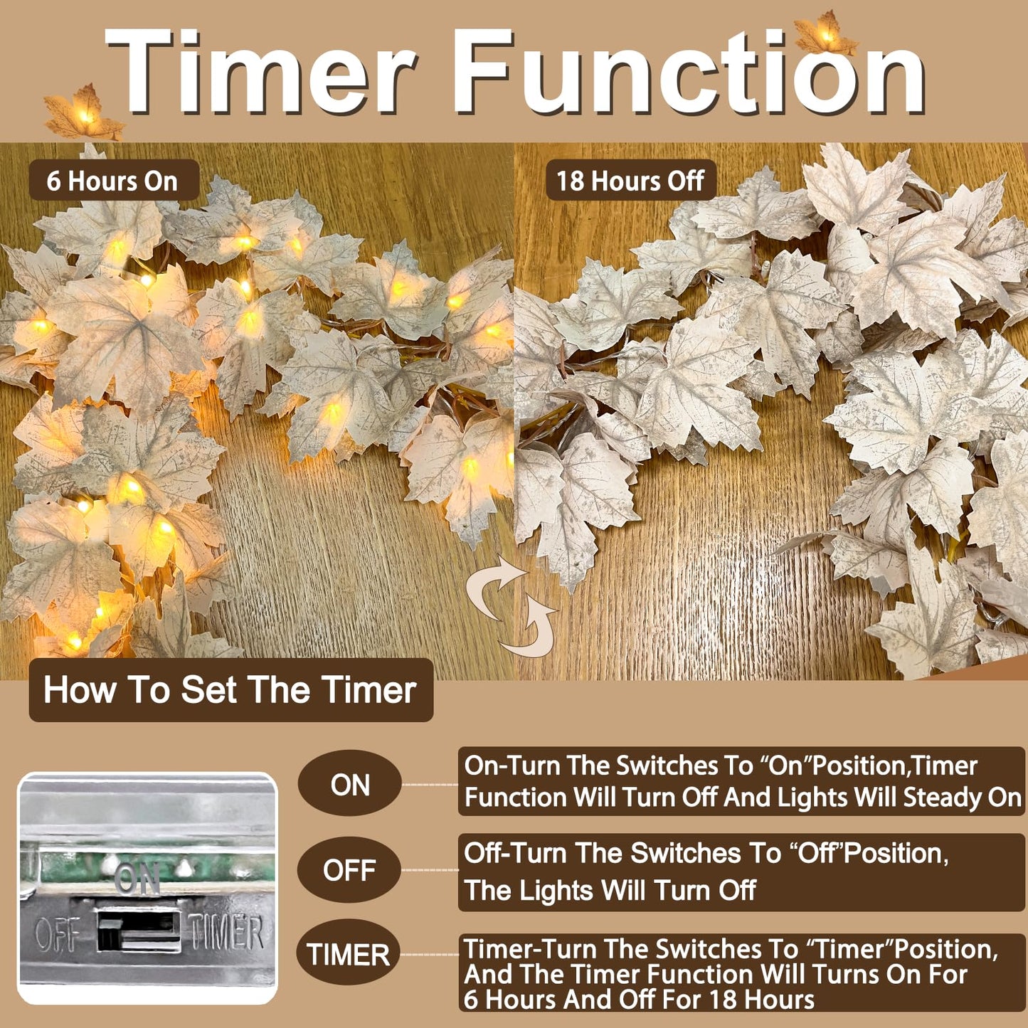 Timer - 2 Pack Fall Decor Fall Garland with Lights Fall Decorations for Home, Lighted Maples Leaves Garland Total 13Ft 40LED Battery Operated Halloween Thanksgiving Decor Home Indoor Outdoor Christmas