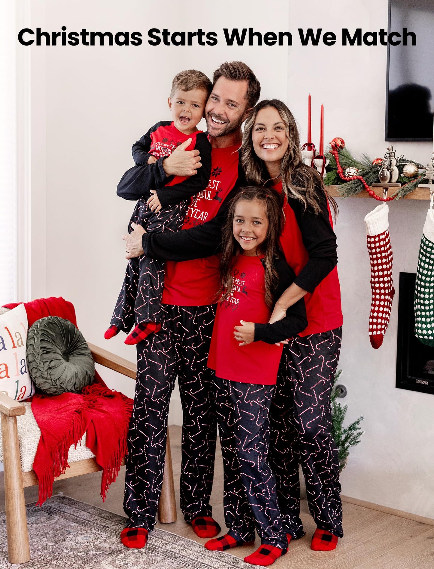 PATPAT Family Christmas Pajamas Matching Sets, Matching Christmas Pajamas for Family, Red Candy Cane Holiday Sleepwear Funny Letter Print PJs including Socks