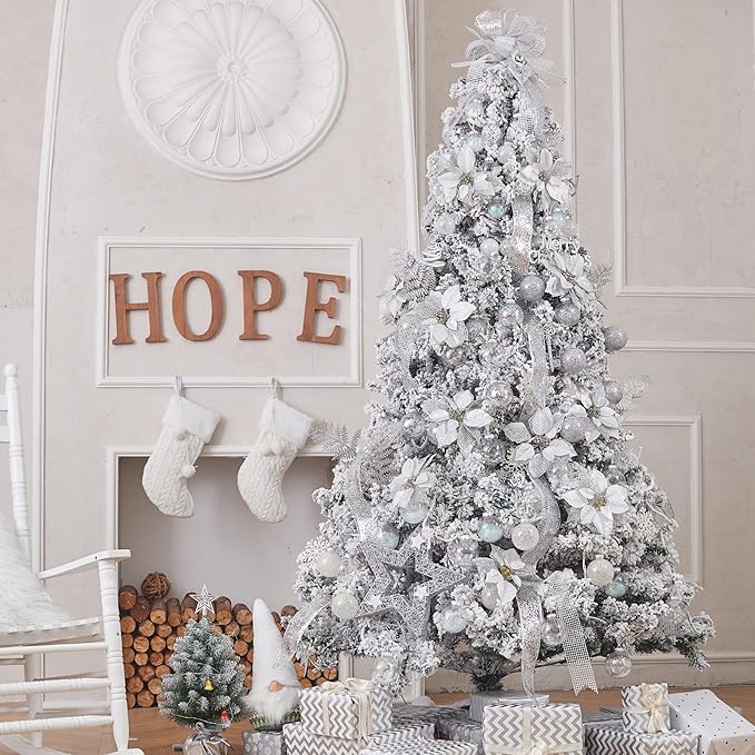 XmasExp 8ct Christmas Ball Ornaments Set -Large Clear Plastic Shatterproof Xmas Tree Ball Hanging Baubles Stuffed Delicate Glittering for Holiday Wedding Xmas Party Decoration (100mm/3.94",Silver)