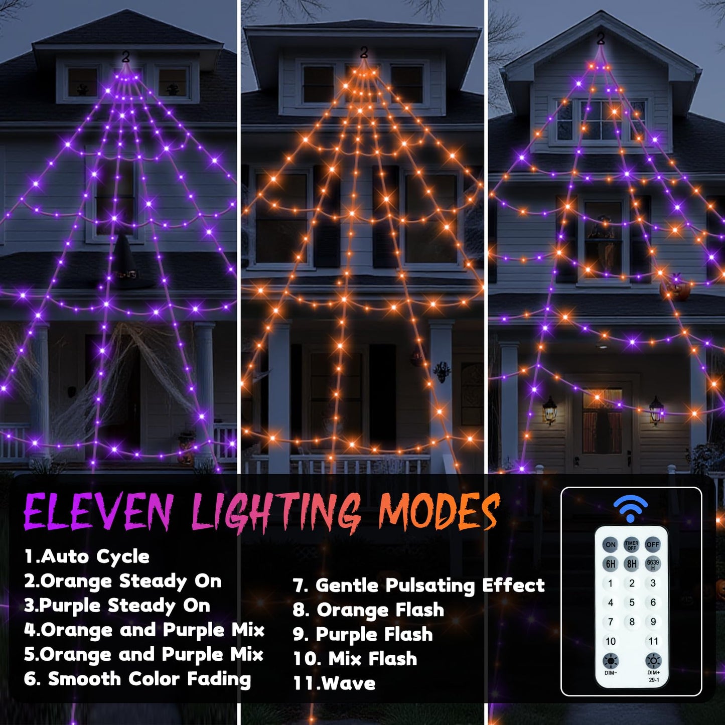 Halloween Decorations Outdoor Spider Web Lights - 550 LEDs Purple and Orange Remote Control Timer Plug in Giant Halloween Decor Cobwebs - 11 Modes Lighting Waterproof Yard Garden Party Decorations