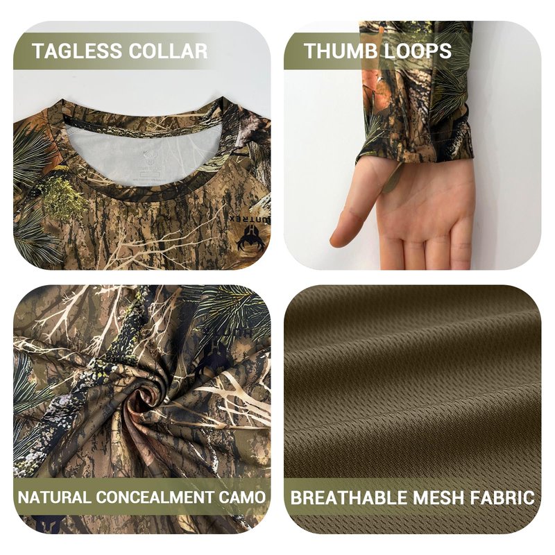 Huntrex Men's Camo Hunting Shirt with Zipper Pocket – UPF 50+ Fishing Shirts Sun Protection Long Sleeve Quick-Drying (Misty Thicket,L)