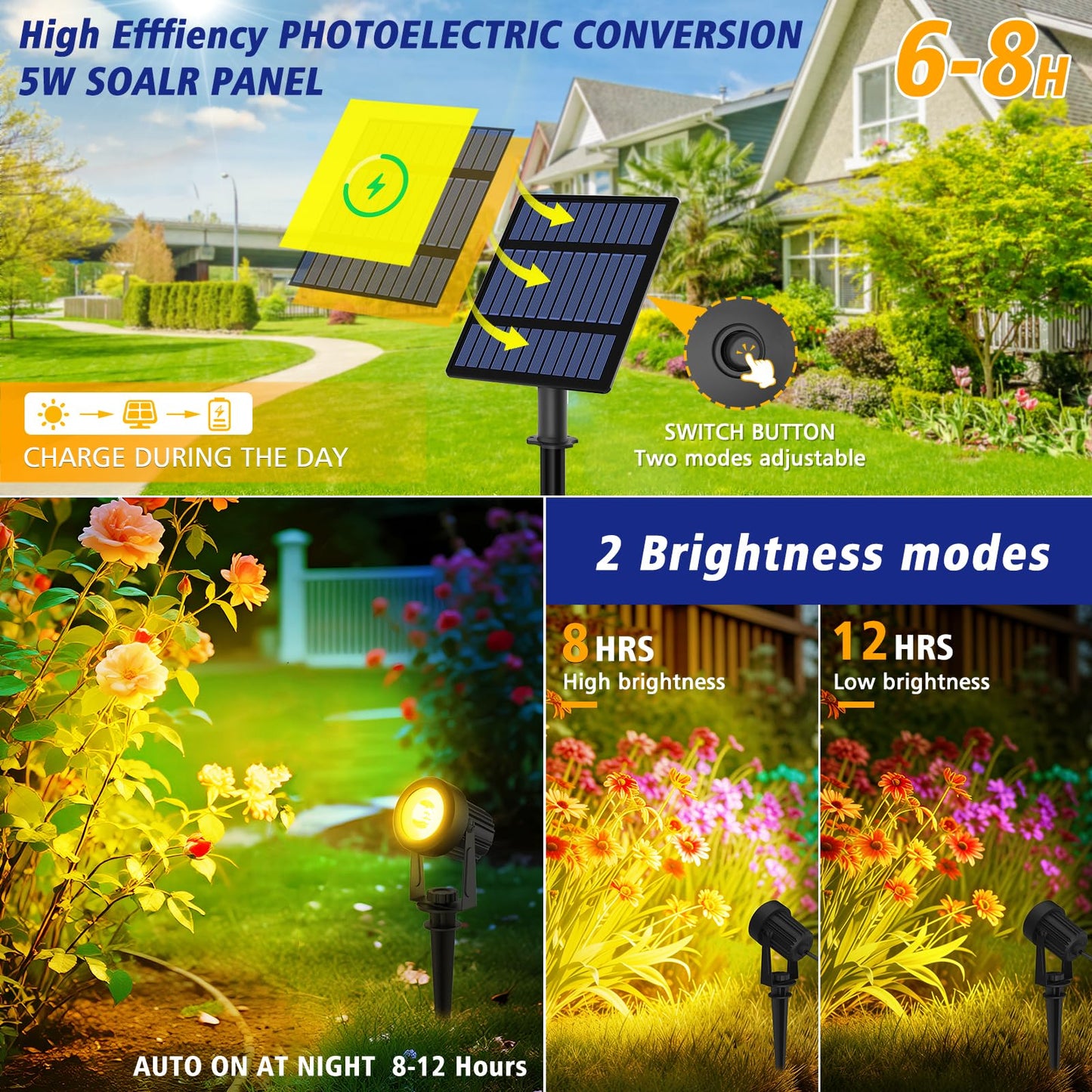 T-SUNUS Halloween Solar Spot Lights 6-in-1 Outdoor Warm White 3000K Landscape Spotlight IP65 Waterproof Separated Panel Spotlights with 9.8ft Cable Auto On/Off for Christmas Tree Lawn Driveway Pathway
