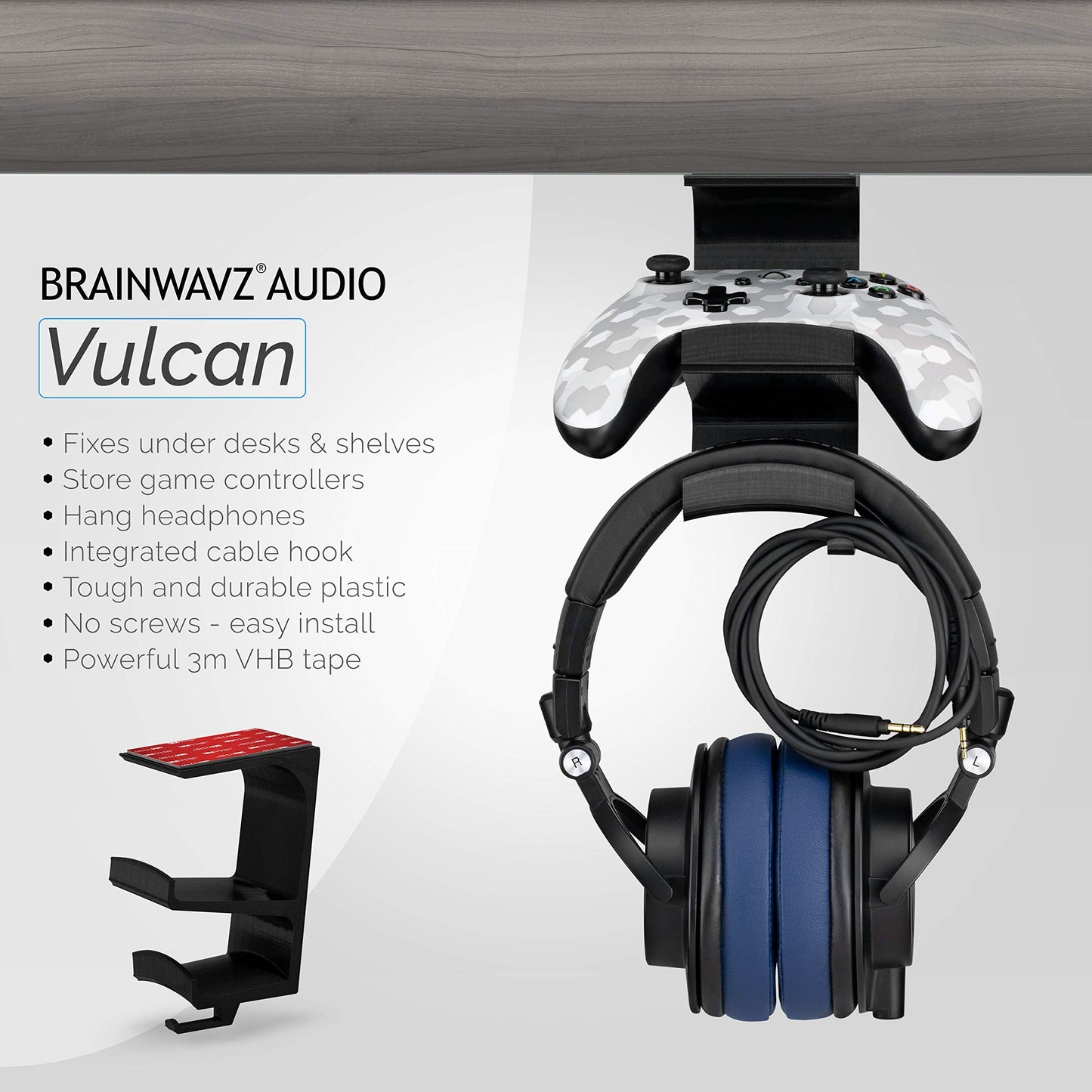 BRAINWAVZ The VULCAN - Under Desk Gamepad Controller & Headphone Hanger Holder Stand - Designed for XBOX ONE, PS4, PS3, PS5, Dualshock, Switch, PC, Steelseries, Steam & More