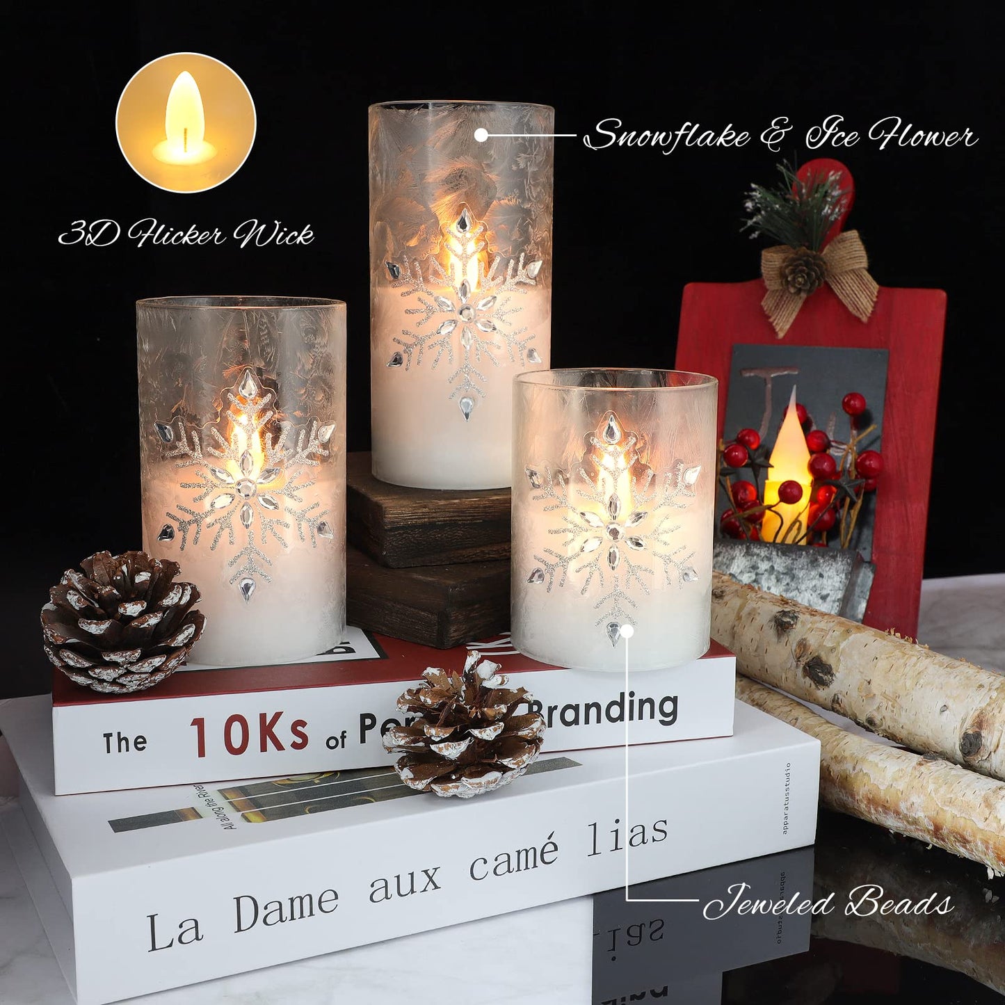 Crystal Club Christmas Flameless Candles, Battery Powered LED Real Wax Candles, Holiday Glass Flickering Candles with Beads and Snowflake Design for Xmas Tree, Home Mantel, Bedroom Decor, Set of 3